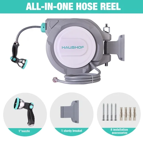 HAUSHOF 1/2" x 100 ft Retractable Garden Hose Reel with Automatic Rewind, 10-Pattern Spray Nozzle, Durable High-Pressure Hose, and 180- Swivel Bracket -C Perfect for Watering Gardens, Cleaning Patios - Image 7
