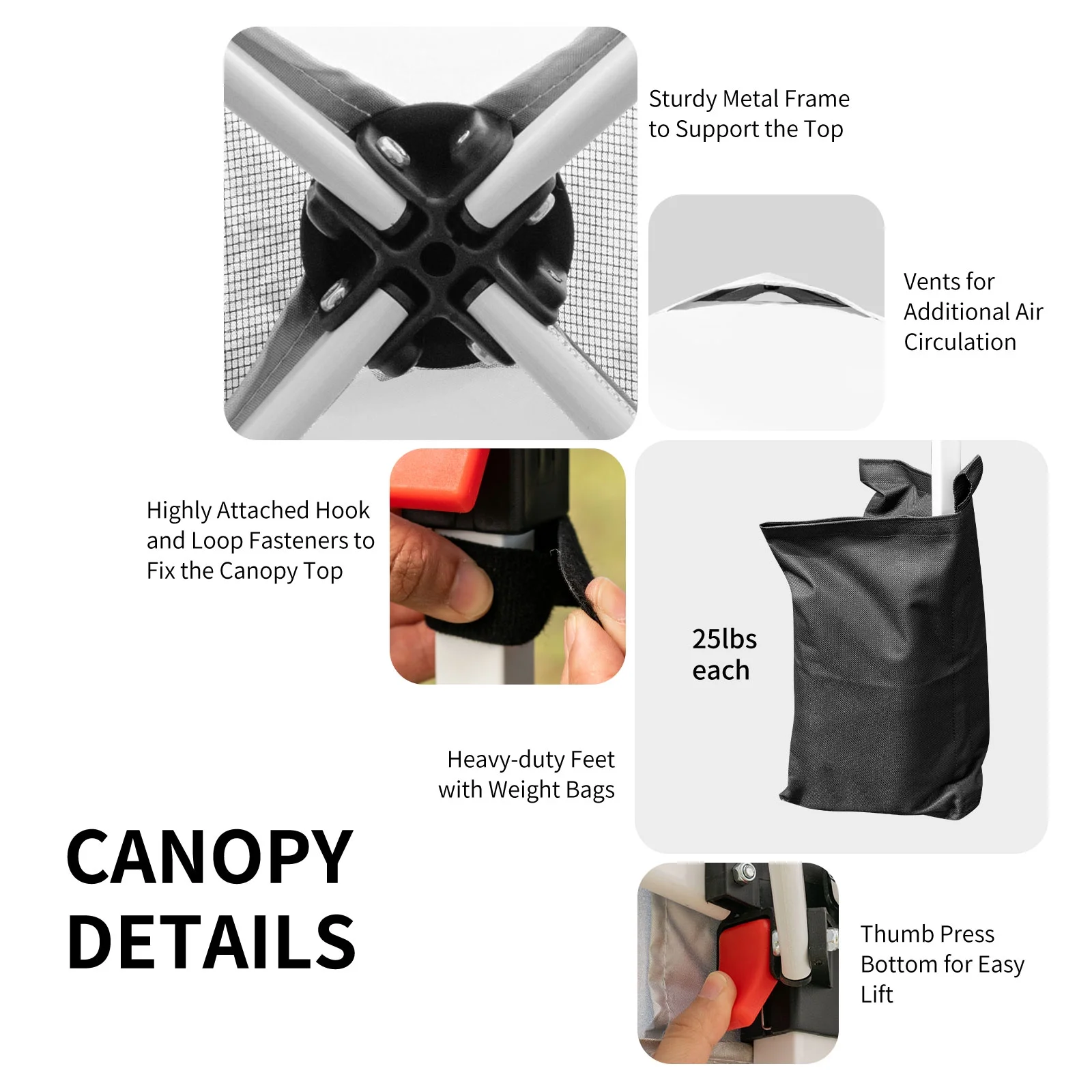 Patiojoy Pop-up Canopy Tent 6.6' x 6.6' Height Adjustable Commercial Instant Canopy w/ Portable Roller Bag White - Image 8