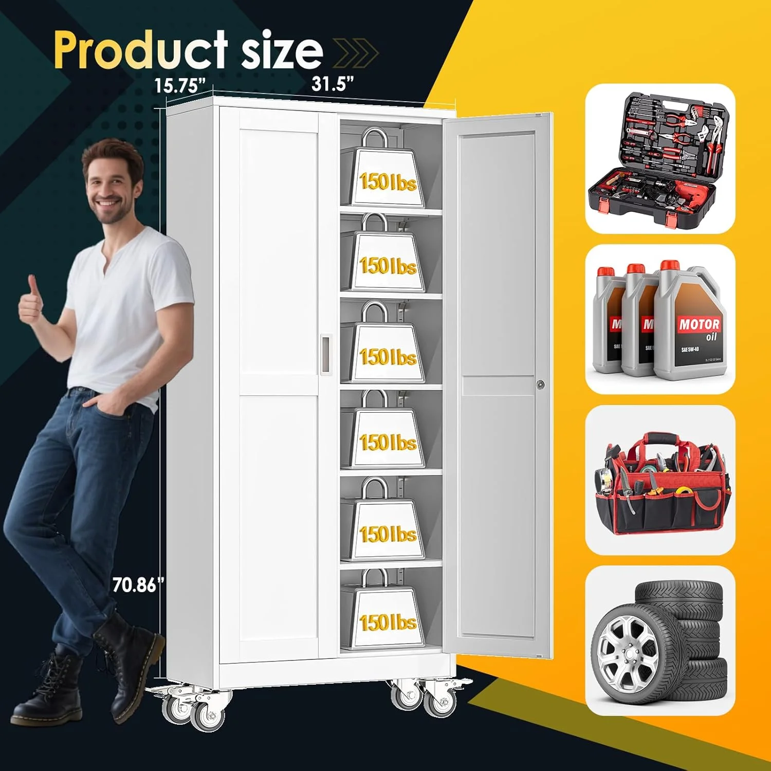 Erosoei 75"H Metal Garage Storage Cabinet with Wheels, Tool Storage Cabinet with 5 Adjustable Shelves - Image 27