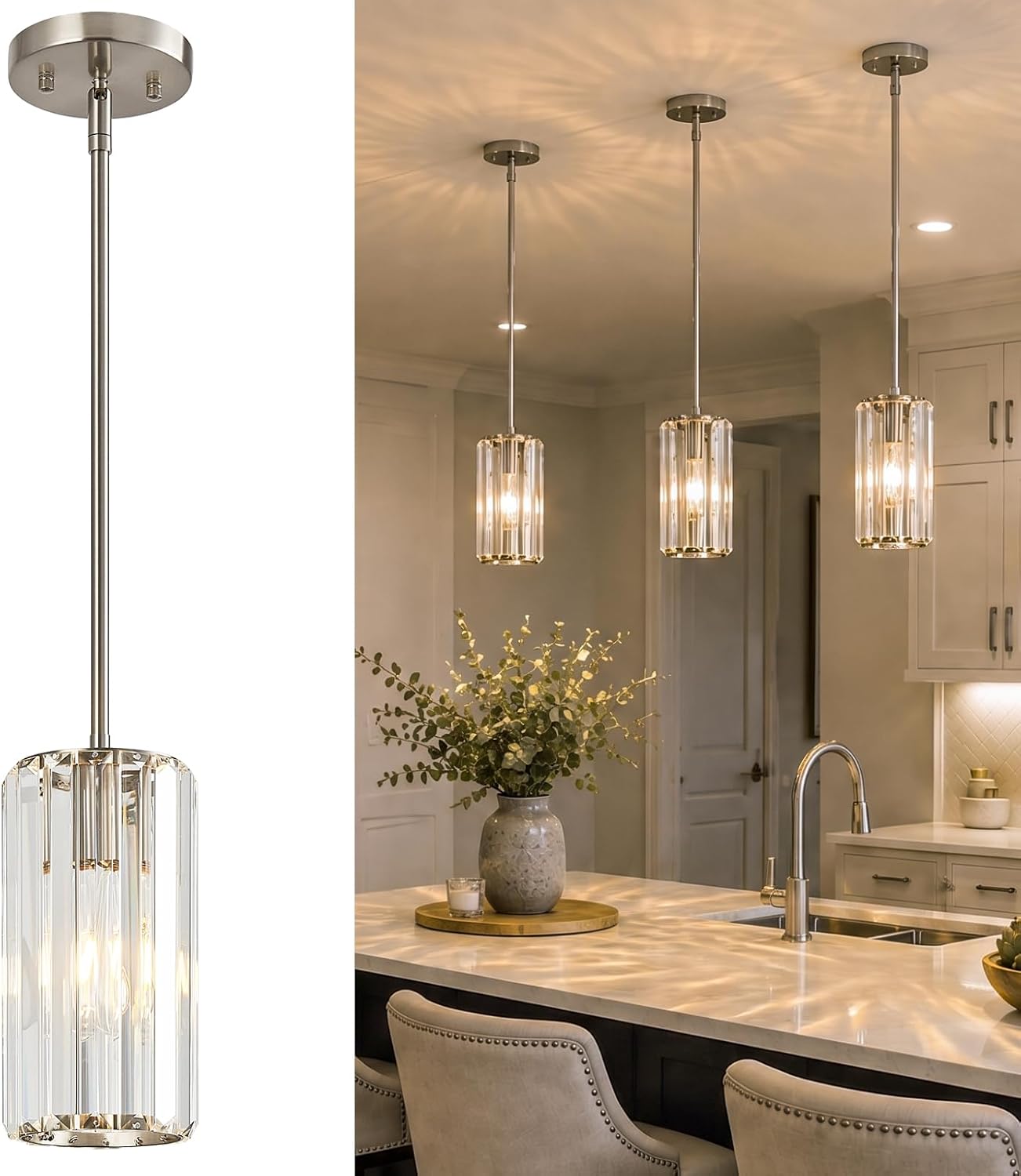 Chrome Pendant Lighting, Modern Pendant Light, Mini Crystal Chandeliers, Adjustable Pendant Light Fixture for Kitchen Island, Dining Room, Corridor & Bedroom (Chrome, 3-Pack)