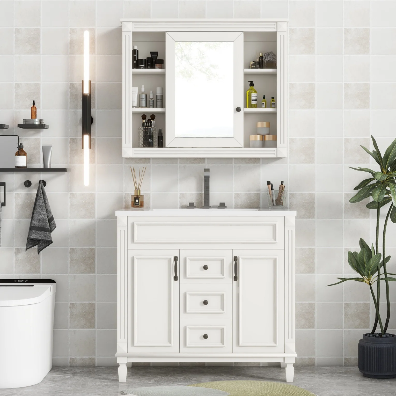Modern Bathroom Furniture Set, 36" Bathroom Vanity with Top Sink, 35" Wall Mounted Bathroom Storage Cabinet, Mirror Cabinet with 6 Shelves, Storage Cabinet with 2 Doors and 2 Drawers, Grey - Image 18