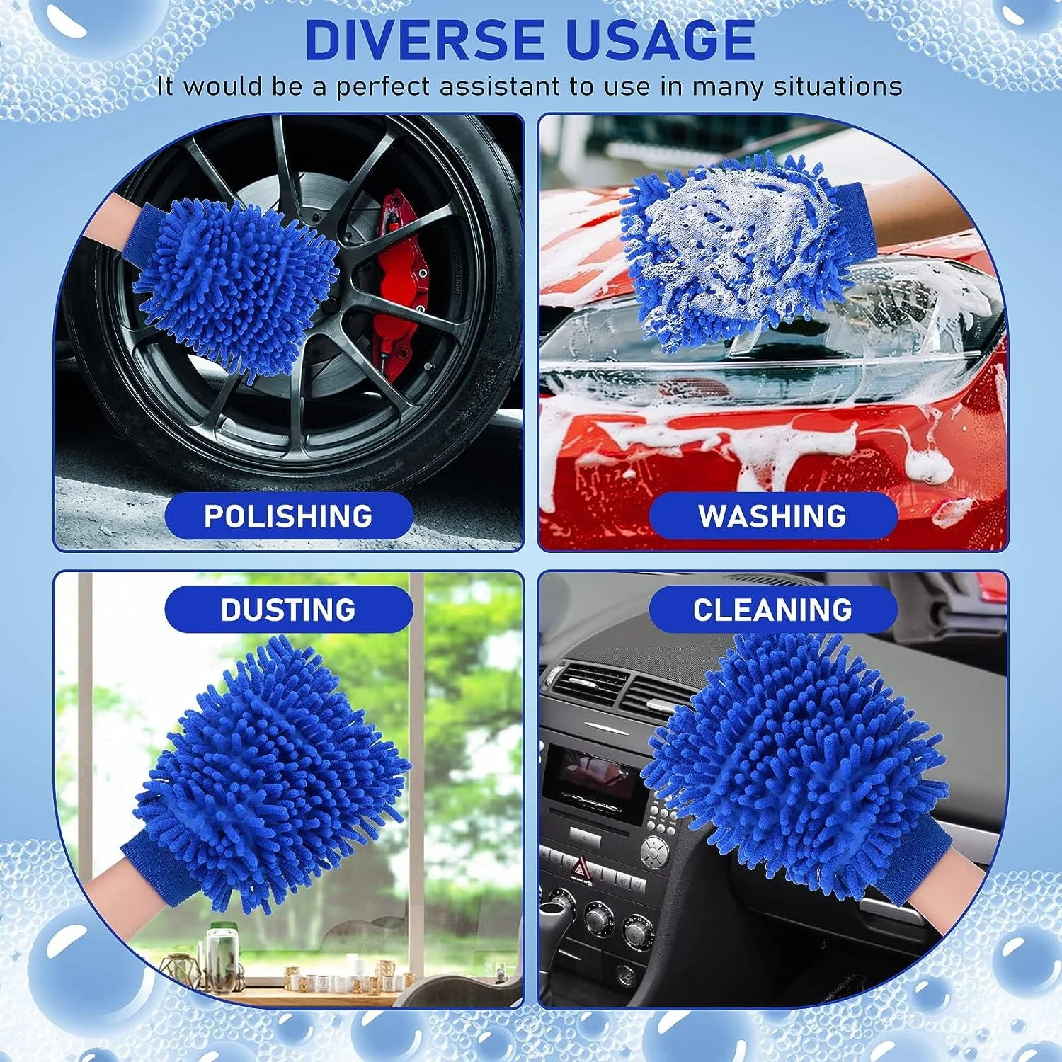 2 PCS Wash Cloths Car Cleaning Supplies Microfiber Towels Brush Wheel Detailing Kit Care Mitt Long Handle Sponge Interior Cleaner Drying Scratch Guard Shampoo Washing Wipes Weave Towel (blue) - Image 5
