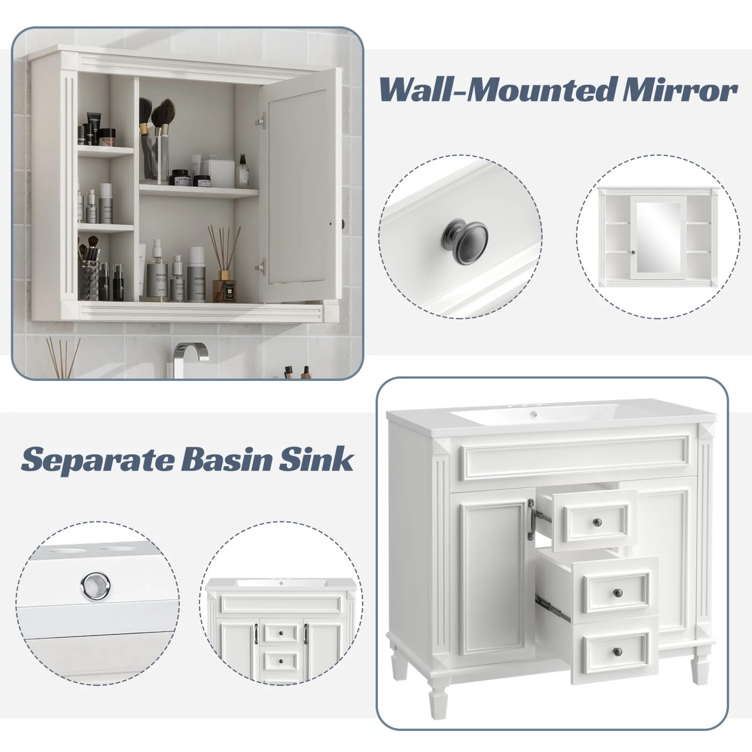 Modern Bathroom Furniture Set, 36" Bathroom Vanity with Top Sink, 35" Wall Mounted Bathroom Storage Cabinet, Mirror Cabinet with 6 Shelves, Storage Cabinet with 2 Doors and 2 Drawers, Grey - Image 23