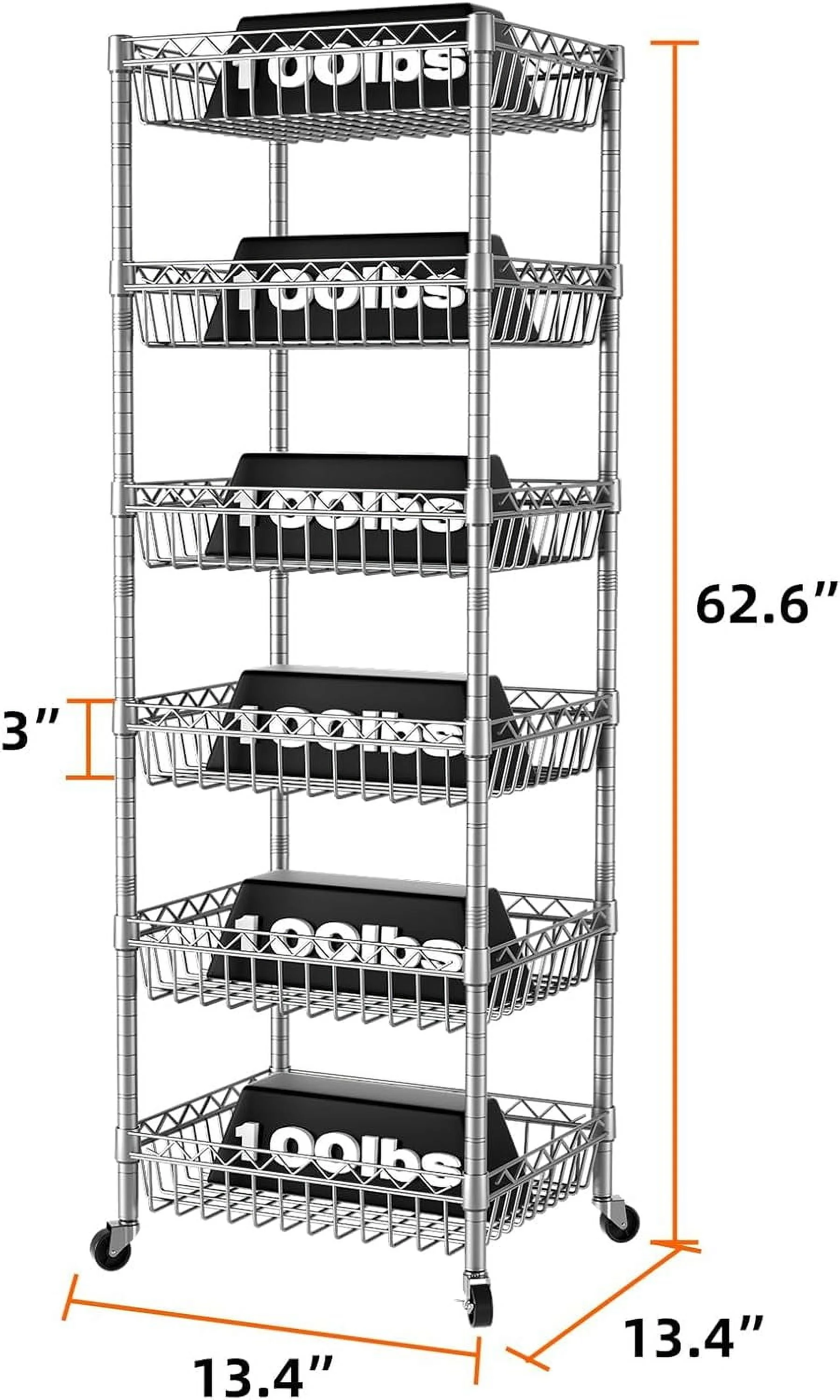 6 Tier Wire Shelving Unit with Wheels Baskets Storage Rack Corner Shelves Adjustable Shelf Closet Bathroom Organizers Metal Pantry Kitchen Garage Laundry Room 13.5" D x 13.5" W x 63" H Silver - Image 5