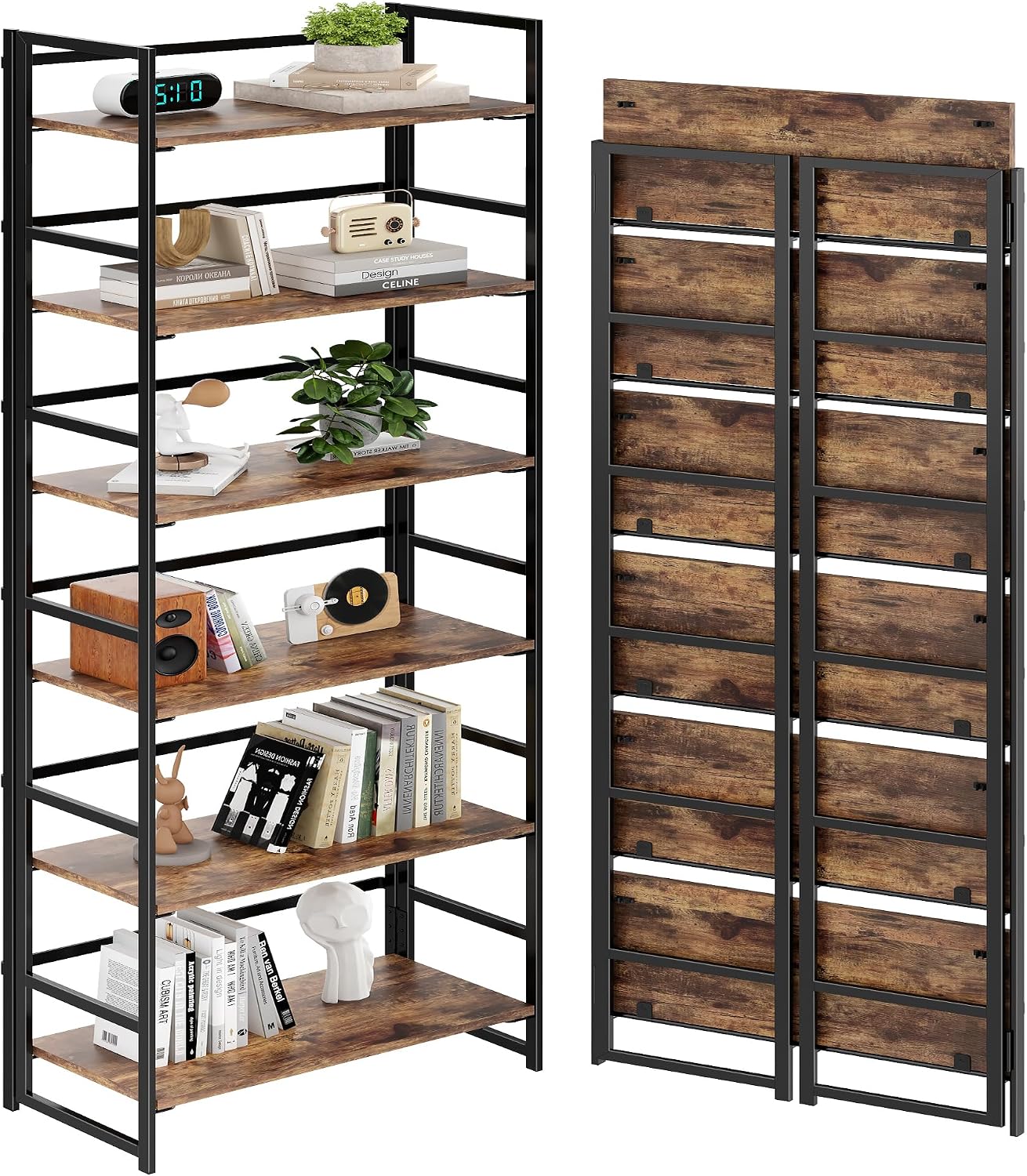 Vintage Multifunctional Folding Bookshelf, No-Assembly Plant Stand Storage Rack Shelves for Home Office (White, 5-Tier) - Image 25