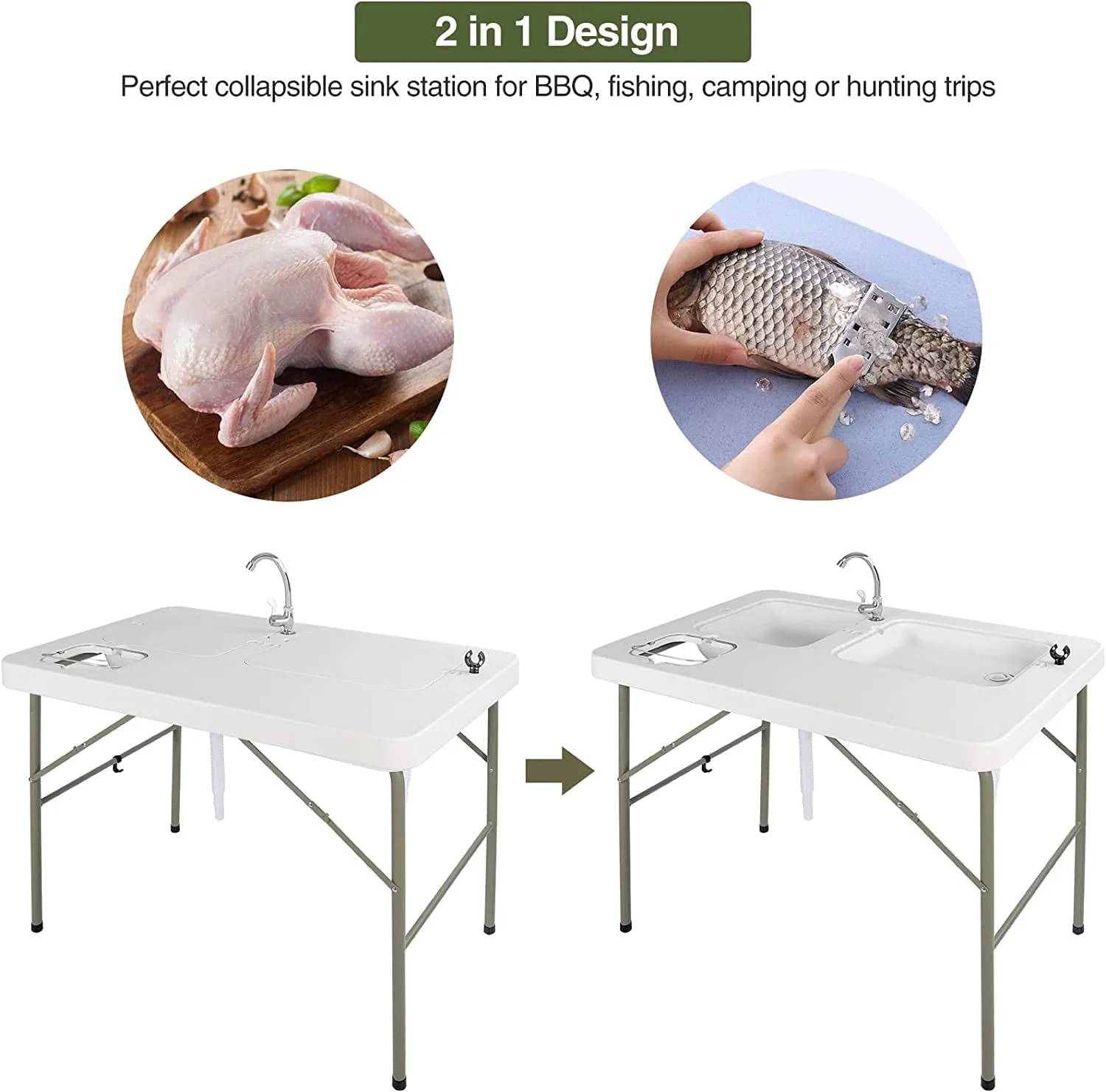 Folding Fish Cleaning Table, Outdoor Camping Sink Station with Sink & Faucet Drainage Hoses, Portable Camping Sink Table for Beach Fishing Patio Picnic - Image 7
