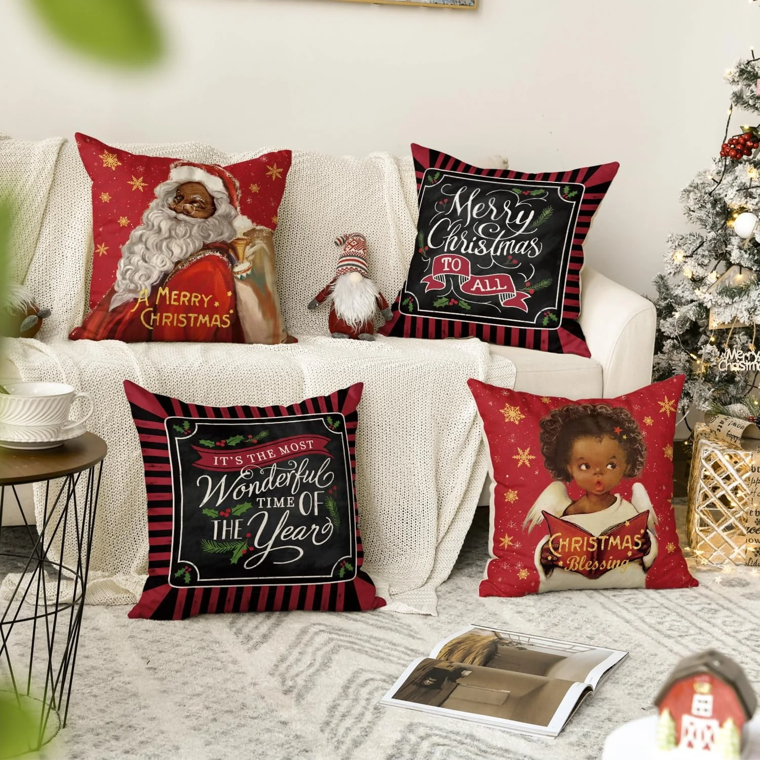 Artoid Mode Merry Christmas Santa Claus Angel Girl Xmas Pillow Covers 4-Pack 18 x 18 Red Black Square Decorative Winter Farmhouse Outdoor Throw Pillow Case - Image 2