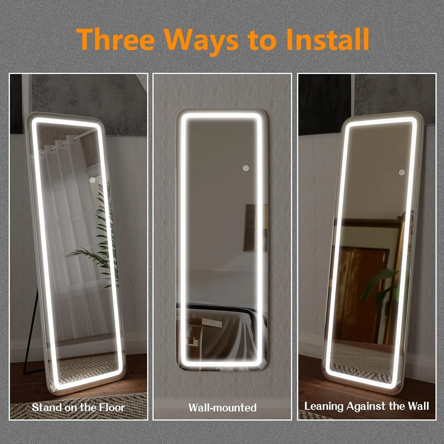 64 x 21 Inch Full Length LED Floor Mirror with Stand, Wall Mounted Full Body Mirror - Image 9