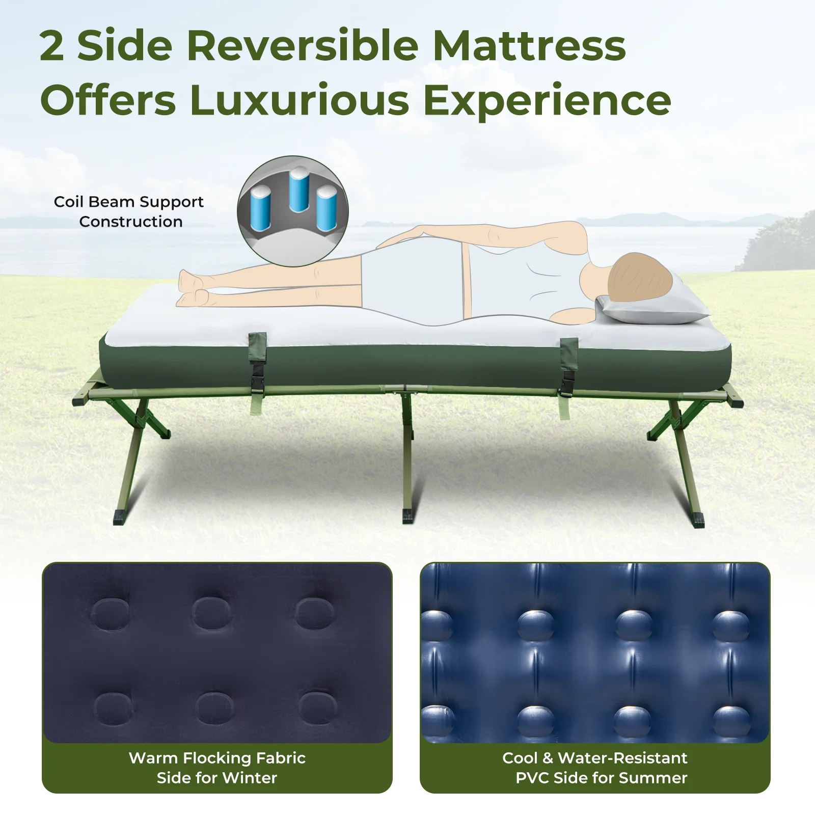 Patiojoy Folding 2-Person Camping Tent Cot Portable Pop-Up Tent with Sleeping Bag&Air Mattress for Outdoor Activity - Image 3