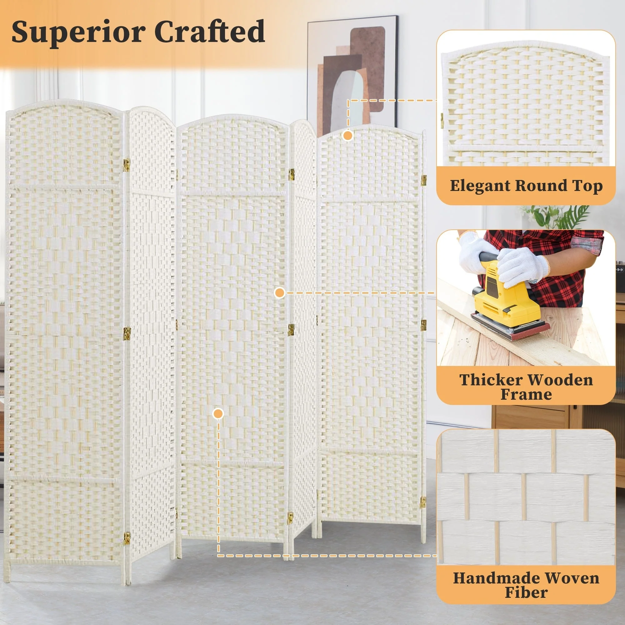 6 FT Tall Woven Fiber Room Divider, Freestanding Folding Privacy Screen - Image 44