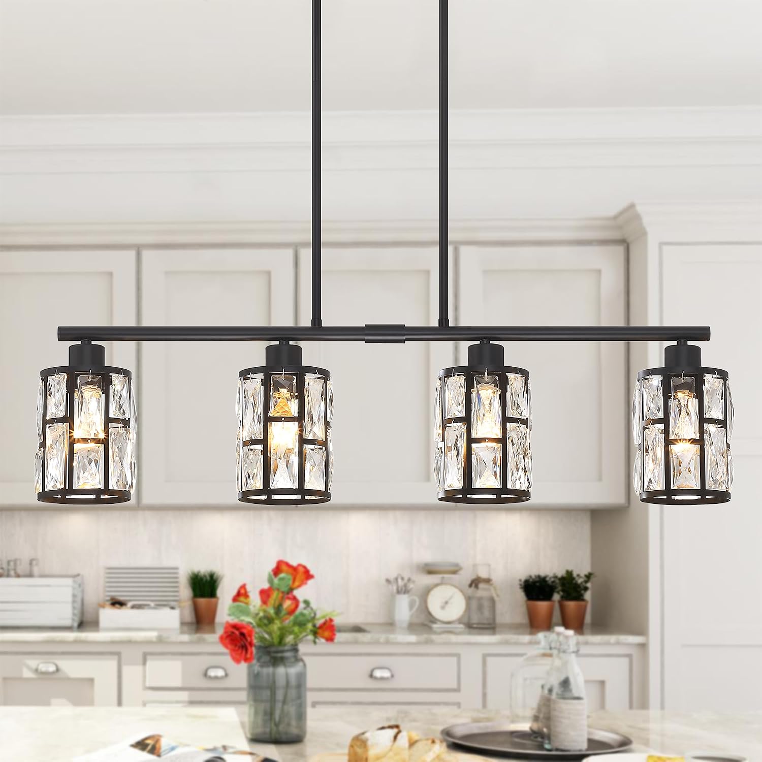 Modern Crystal Pendant Light Fixture 3-Pack, Matte Black Finish Hanging Lighting, Crystal Chandelier for Living Room, Kitchen, Hallway - Image 6