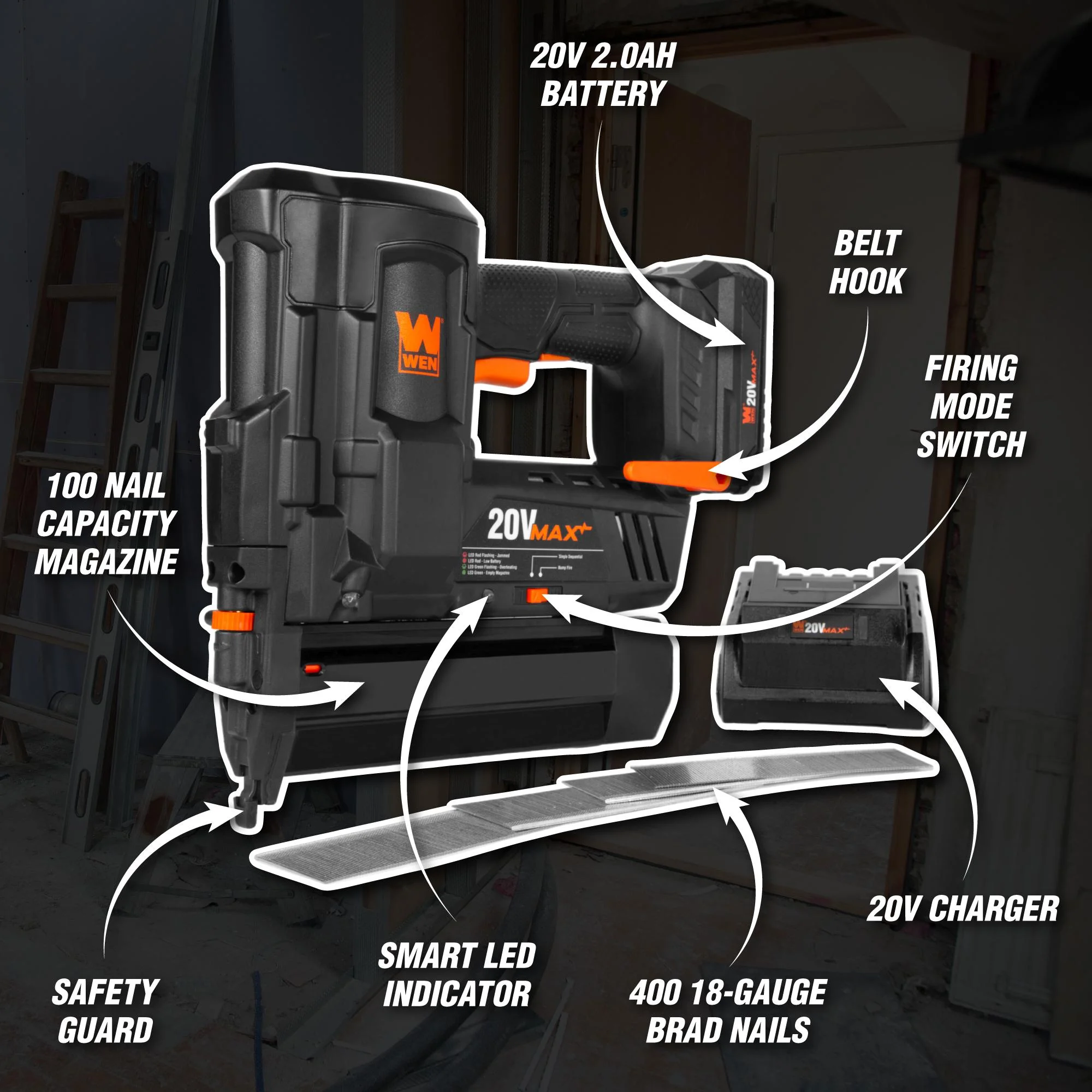 WEN 20V Max Cordless 18-Gauge Brad Nailer with 2.0Ah Battery and Charger - Image 3
