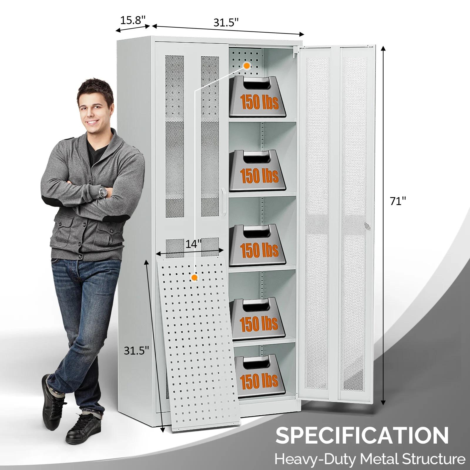 Ktaxon 71"H Metal Garage Storage Cabinet with 2 Mesh Doors, Garage Tool Storage Cabinet with Pegboards and 4 Adjustable Shelves, Locking Steel Tool Cabinets for Garage, Office, Workshop, Warehouse - Image 2