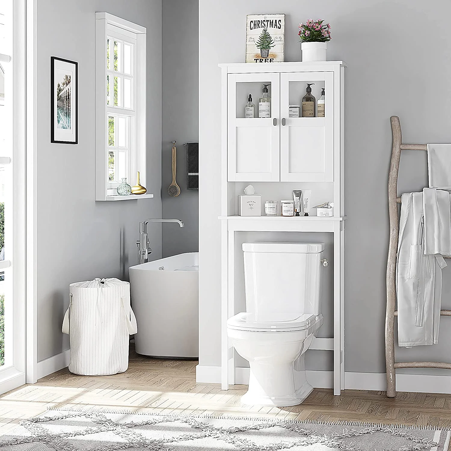 Spirich Bathroom Cabinet Over Toilet, Bathroom Storage Cabinet with Glass Doors and Adjustable Shelves, Over The Toilet Storage Cabinet, White - Image 2