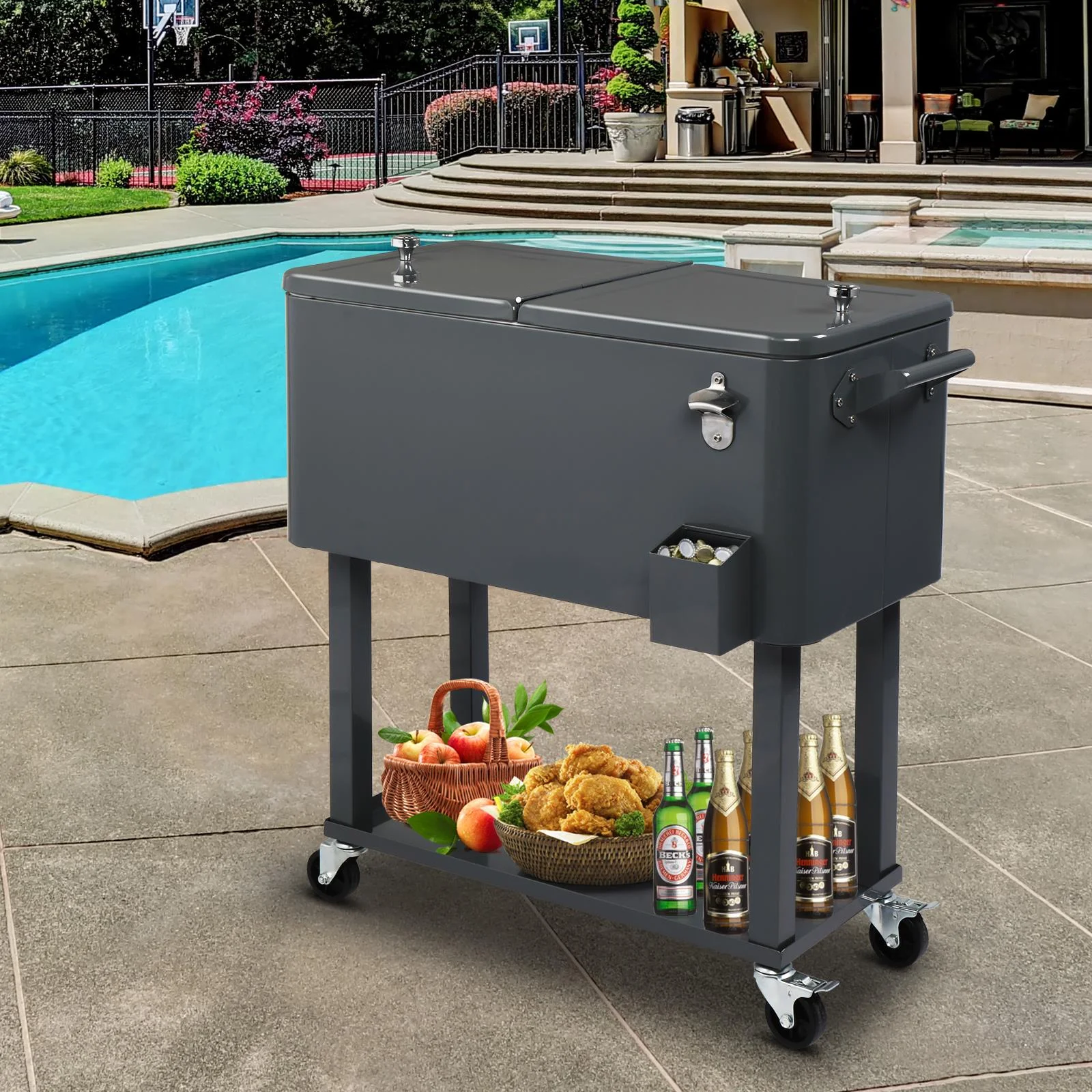 EasingRoom Iron Spray Plastic Patio Cooler Cart with Tray Cooler with Shelf Green - Image 12