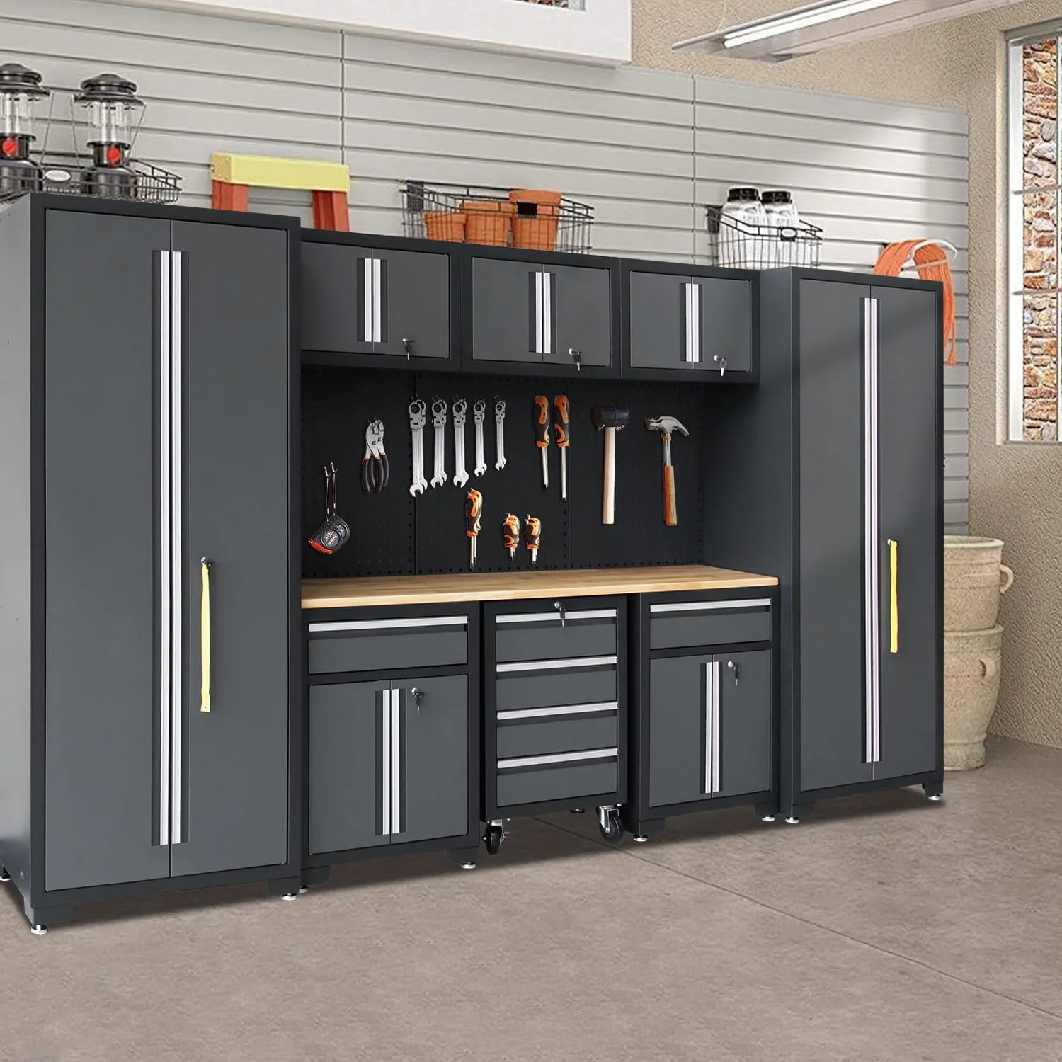 HPDMC Garage Storage Cabinet System 9-Pcs Workshop Set Metal Garage Cabinets and Storage System with Steel Cabinet Drawers, Rolling Chest, Workbench, Pegboard for Garage Tool Organization - Image 2