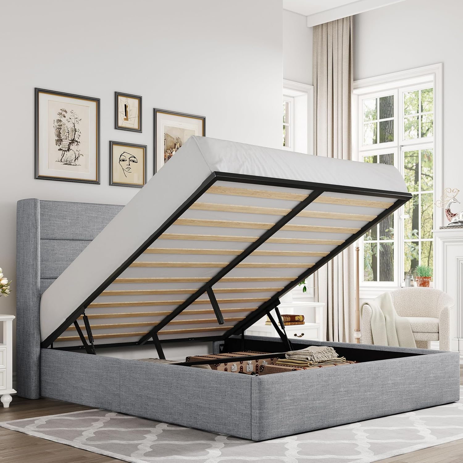 Queen Size Lift Up Storage Bed with Wingback Headboard, Upholstered Platform Bed Frame with Hidden Storage - Image 3