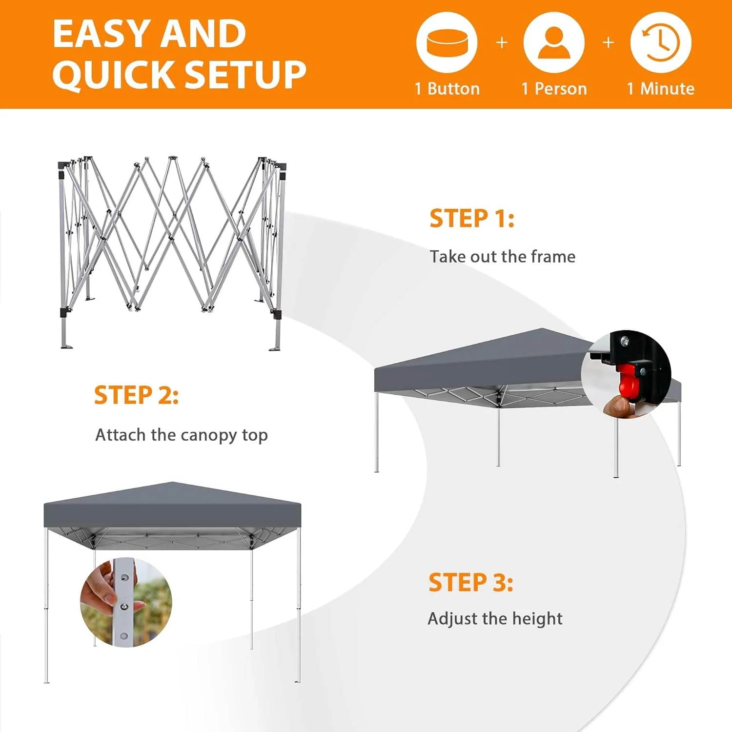 10 X 10ft Pop Up Canopy Tent Easy Set up Outdoor Instant Straight Legs Portable Gazebo Shelter with Wheeled Bag for Camp Beach Patio and Garden (Grey) - Image 5