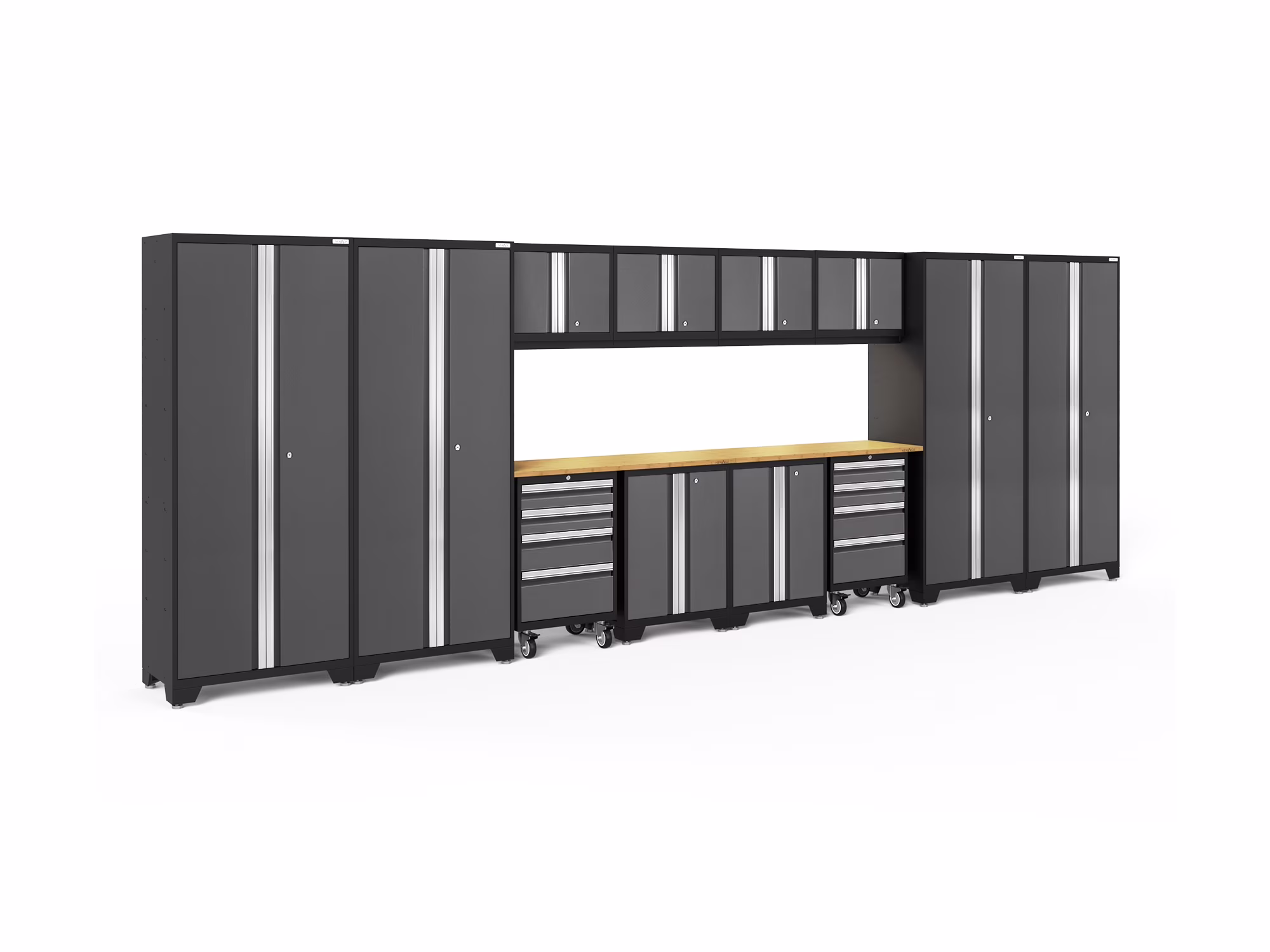 NewAge Products Bold Series Gray 14 Piece Cabinet Set, Heavy Duty 24-Gauge Steel Garage Storage System, LED Lights Included