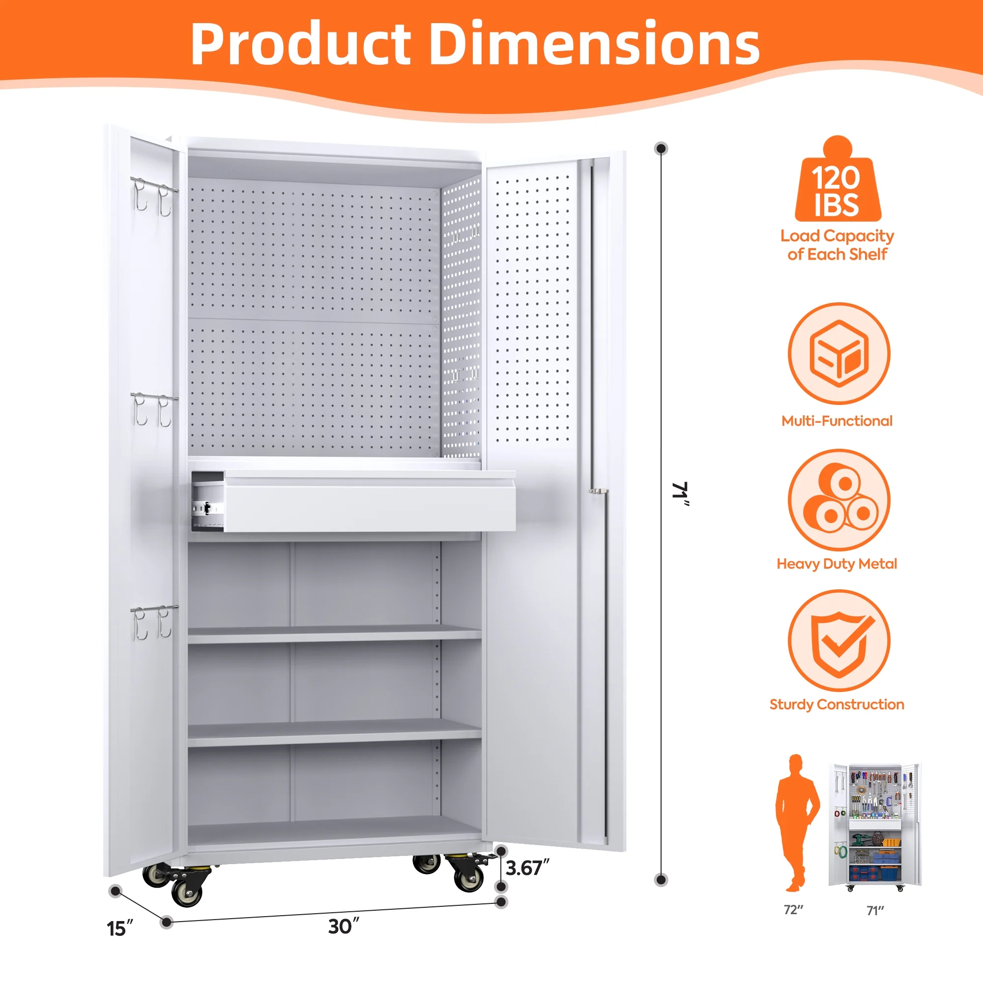 SUPEER 71" Metal Storage Cabinets with Wheels and Pegboards, Industrial Cabinet with 2 Drawers and 2 Adjustable Shelves,, Assembly Required - Image 69