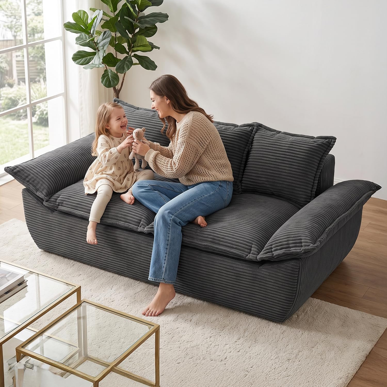 56" Boneless Loveseat, 2-Seater Black Boneless Sofa with Removable Cushions & 2 Pillows, Small Mini Couch Boneless Foam Sofa for Living Room, Apartments, & Office - Image 7