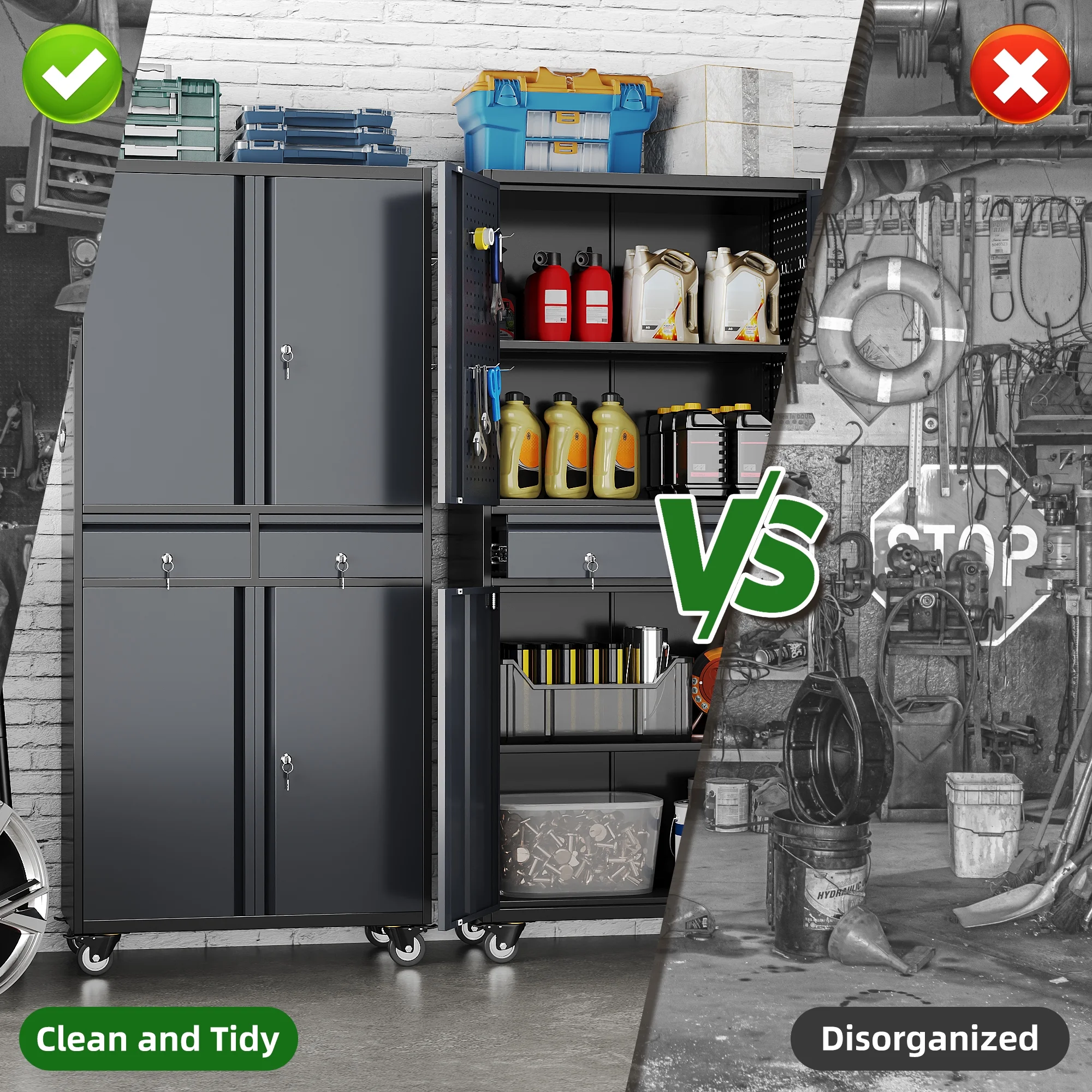 GangMei 71 Inches Tall Metal Garage Storage Cabinets with 5 Adjustable Shelves & Pegboards, Lockable Steel Black Storage Cabinet with Doors for Office, Home, School, Shops, Garage, Assembly required - Image 53
