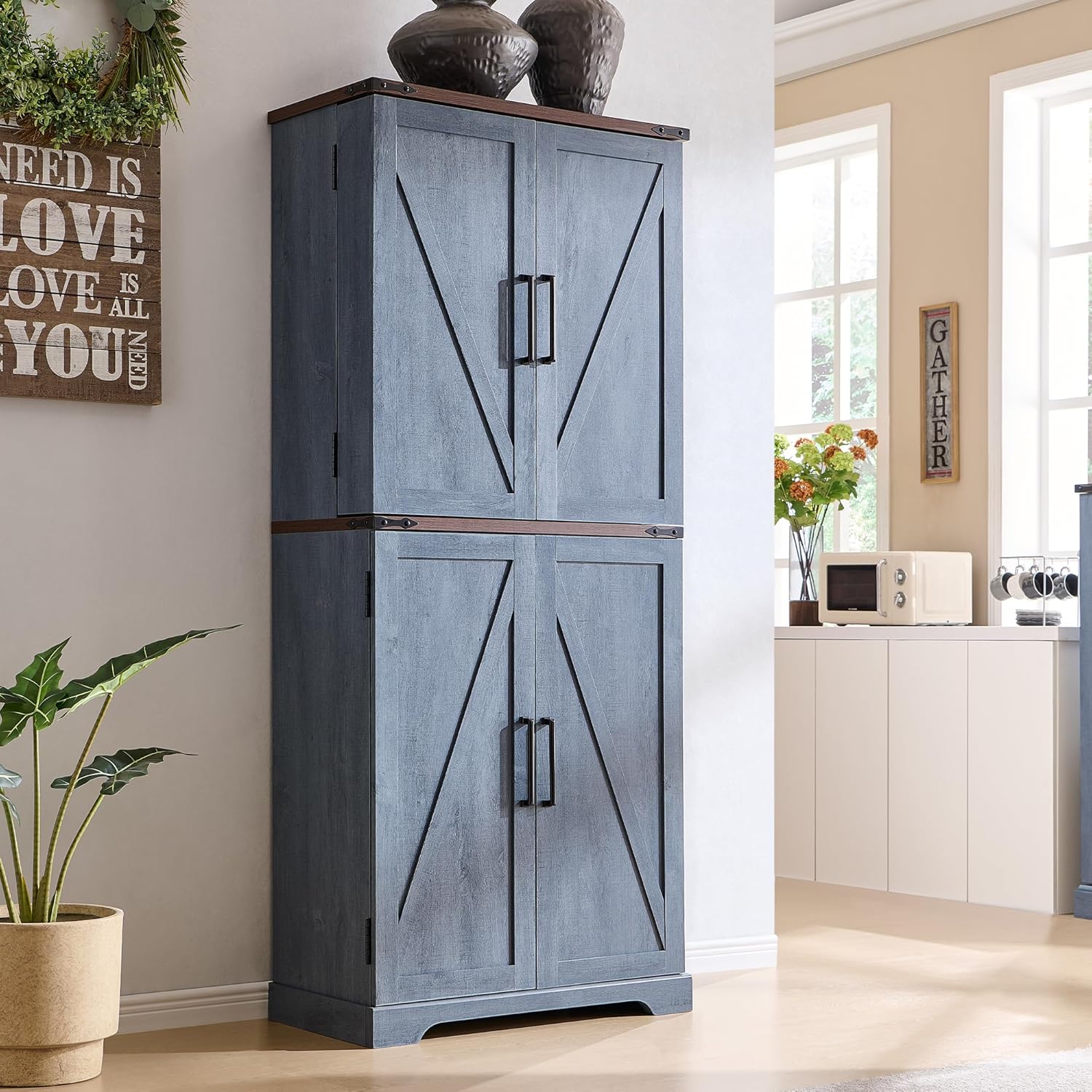 47" Kitchen Pantry, Farmhouse Storage Cabinet with Barn Doors, Organizer and Adjustable Shelves, Rustic Wood Cupboard for Kitchen, Dining Room, Bathroom and Hallway, Black - Image 5