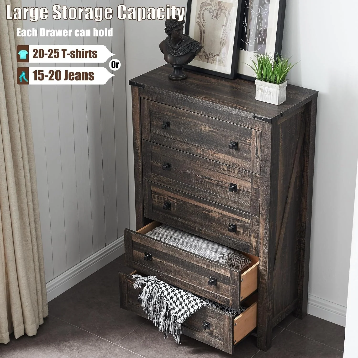 48 Inch Tall Farmhouse Wood Dresser, 5 Drawer Chest of Drawers for Bedroom - Image 26