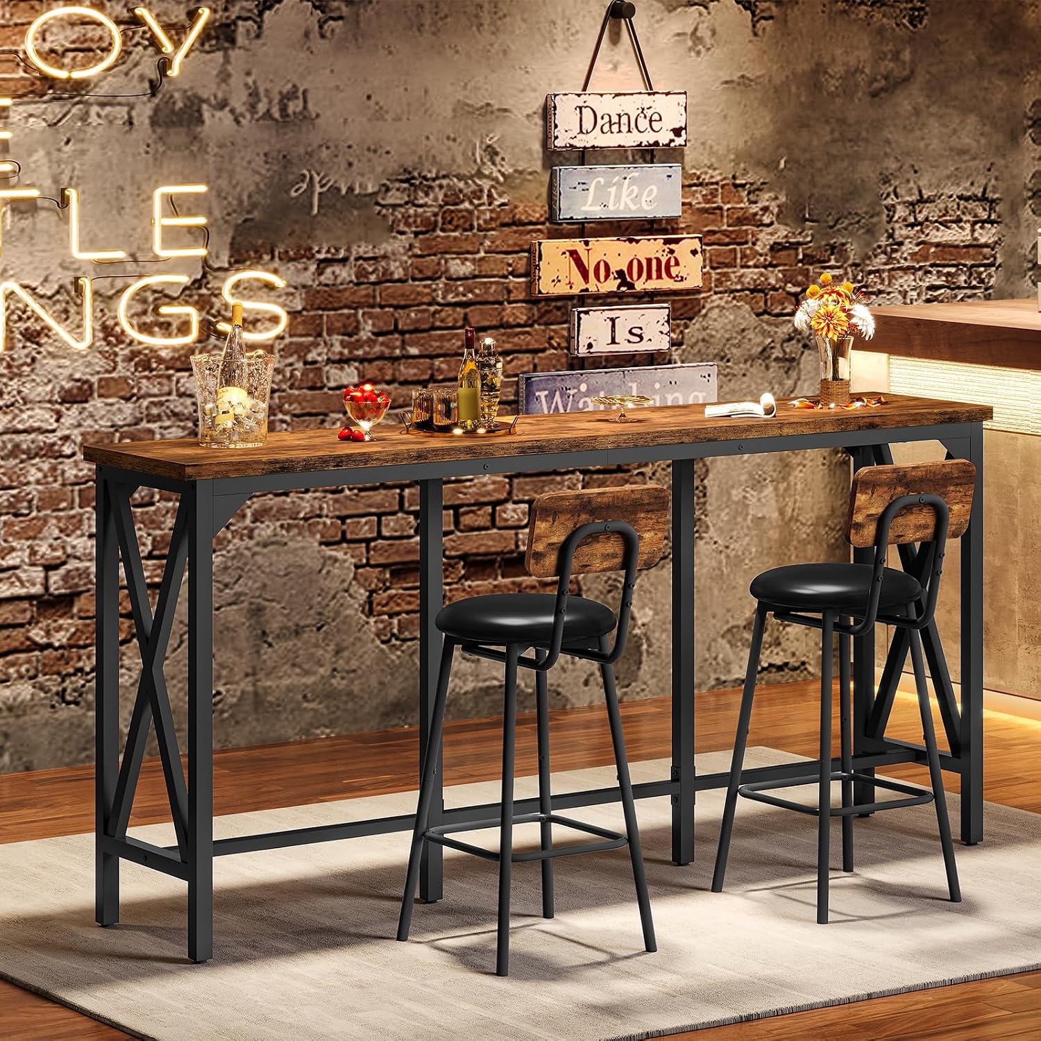 Bar Table and Chairs Set, Counter Height Table and Chairs with X-Shaped Supports, 1 Pub Table and 2 Chairs, for Dining Room, Living Room, Home Bar, Rustic Brown and Black - Image 5