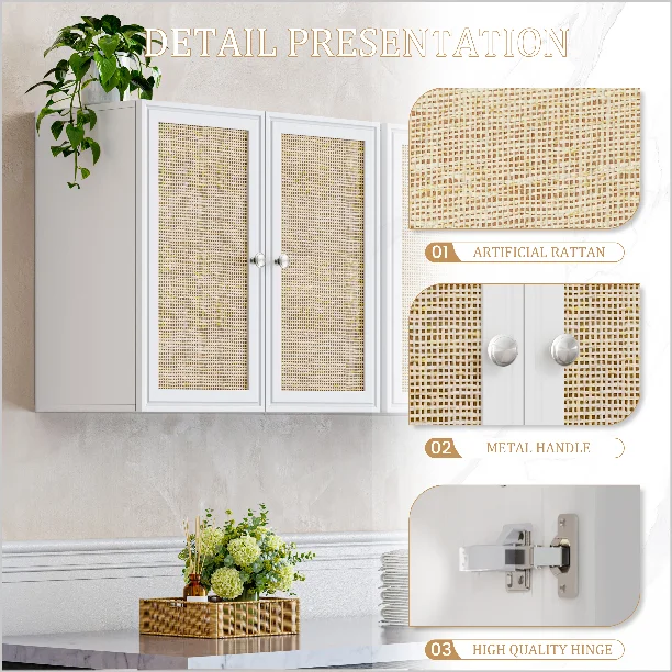 POLIHOME Wall Cabinet Storage-Rattan Laundry Cabinet,Wall Mounted Cabinet with Adjustable Shelves, 24INCH X 2PCS-White - Image 3