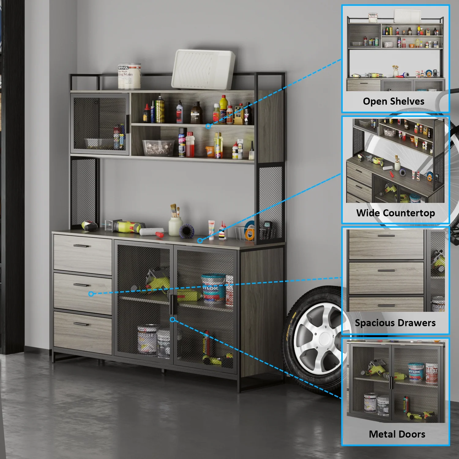 WIAWG Garage Cabinet with 3 Drawers and Metal Mesh Door, Industrial Mutifunctional Tool Storage Cabinet for Warehouse, Basement, Home Office (Walnut) - Image 20