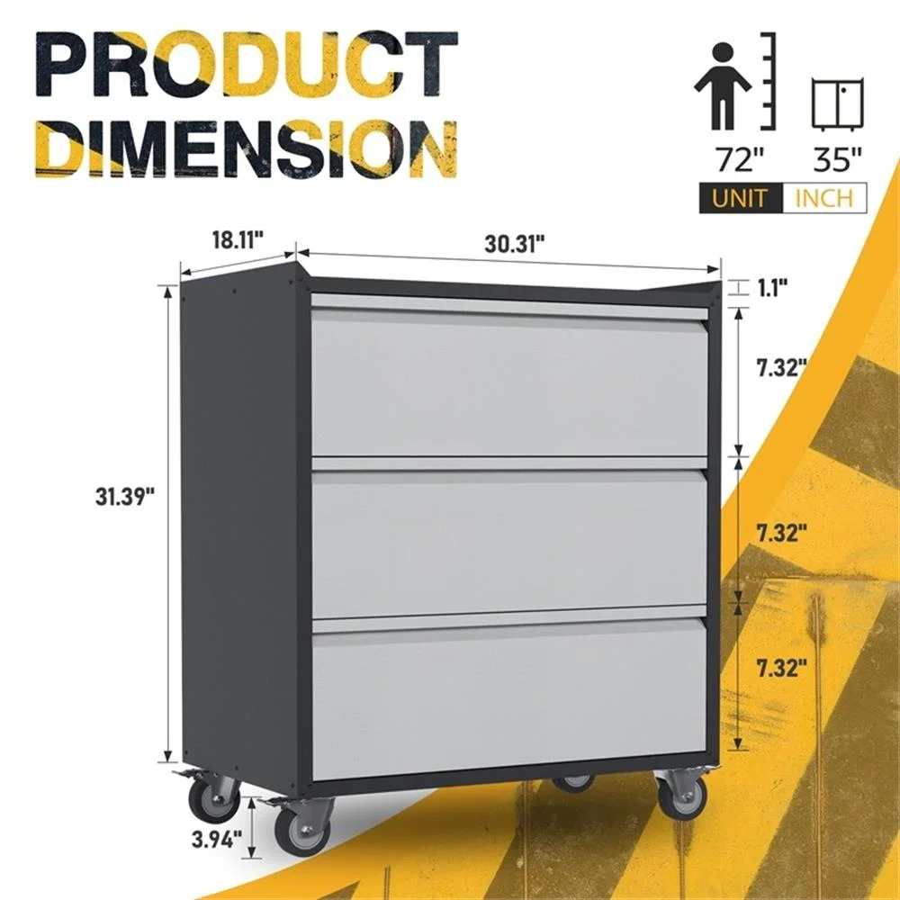 GangMei Three Drawers Metal Garage Storage Cabinet with Wheels in Gray - Image 3
