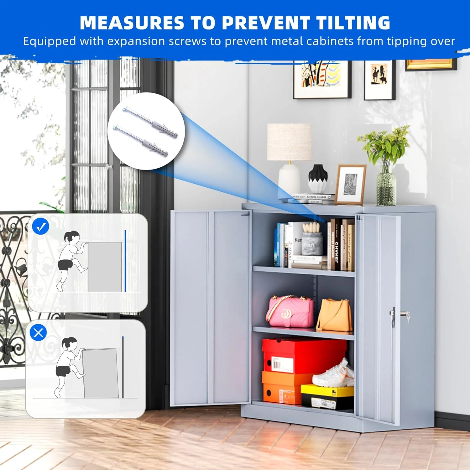 Superday Locking Metal Storage Cabinet with 2 Drawers, Lockable Garage Storage Cabinet with Locking Doors and Adjustable Shelves, Tool Cabinets for Home Office, School, Etc - Image 8