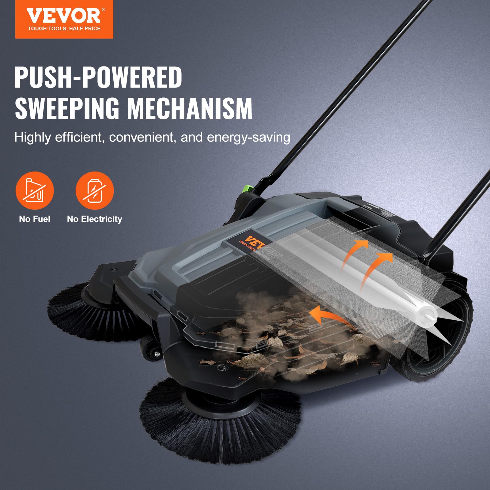 Walk-Behind Hand Push Floor Sweeper, 5-Gallon Waste Container, Manual Outdoor Sweeping Machine - Image 3