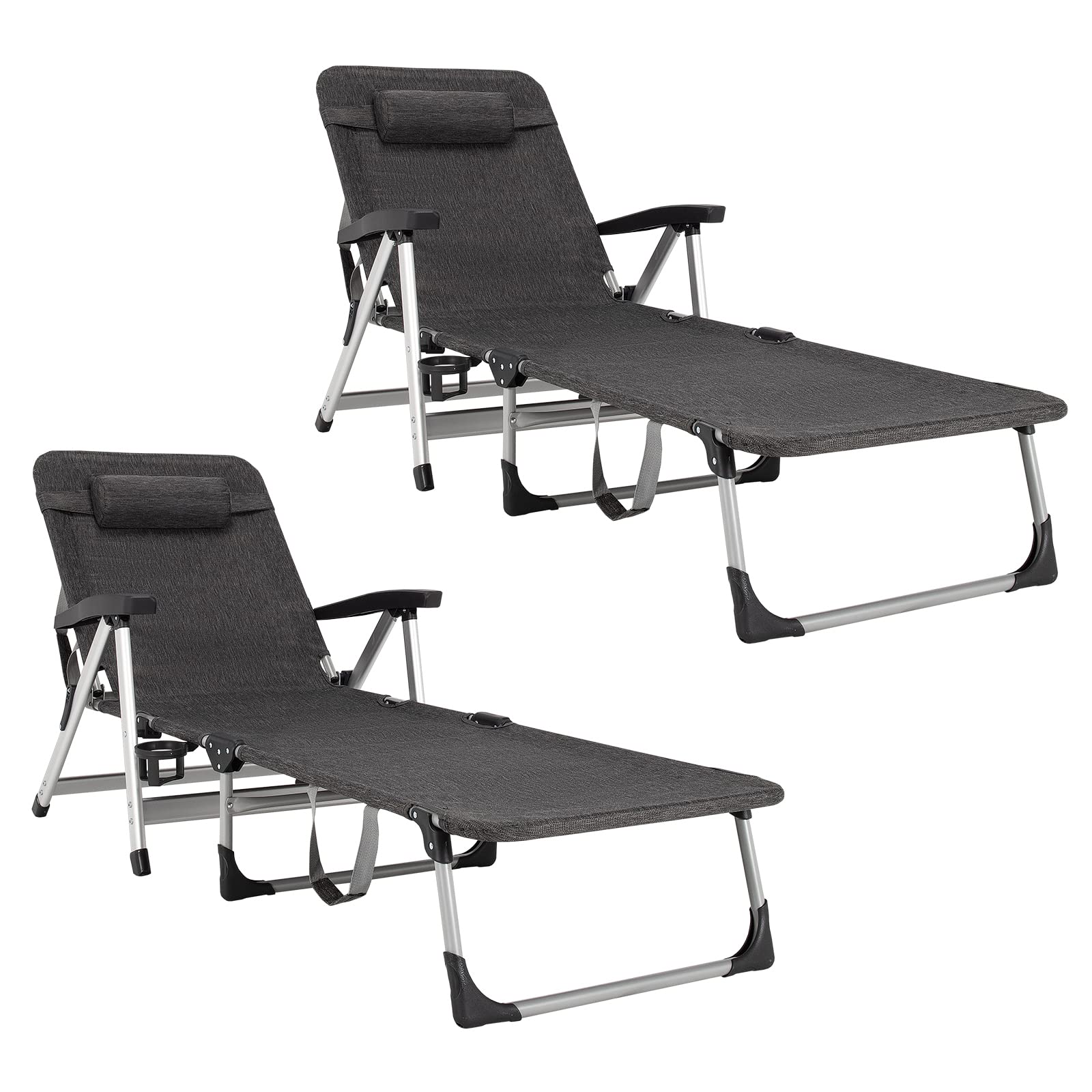 Folding Outdoor Chaise Lounge Chair with Cup Holder and Detachable Headrest - Image 5
