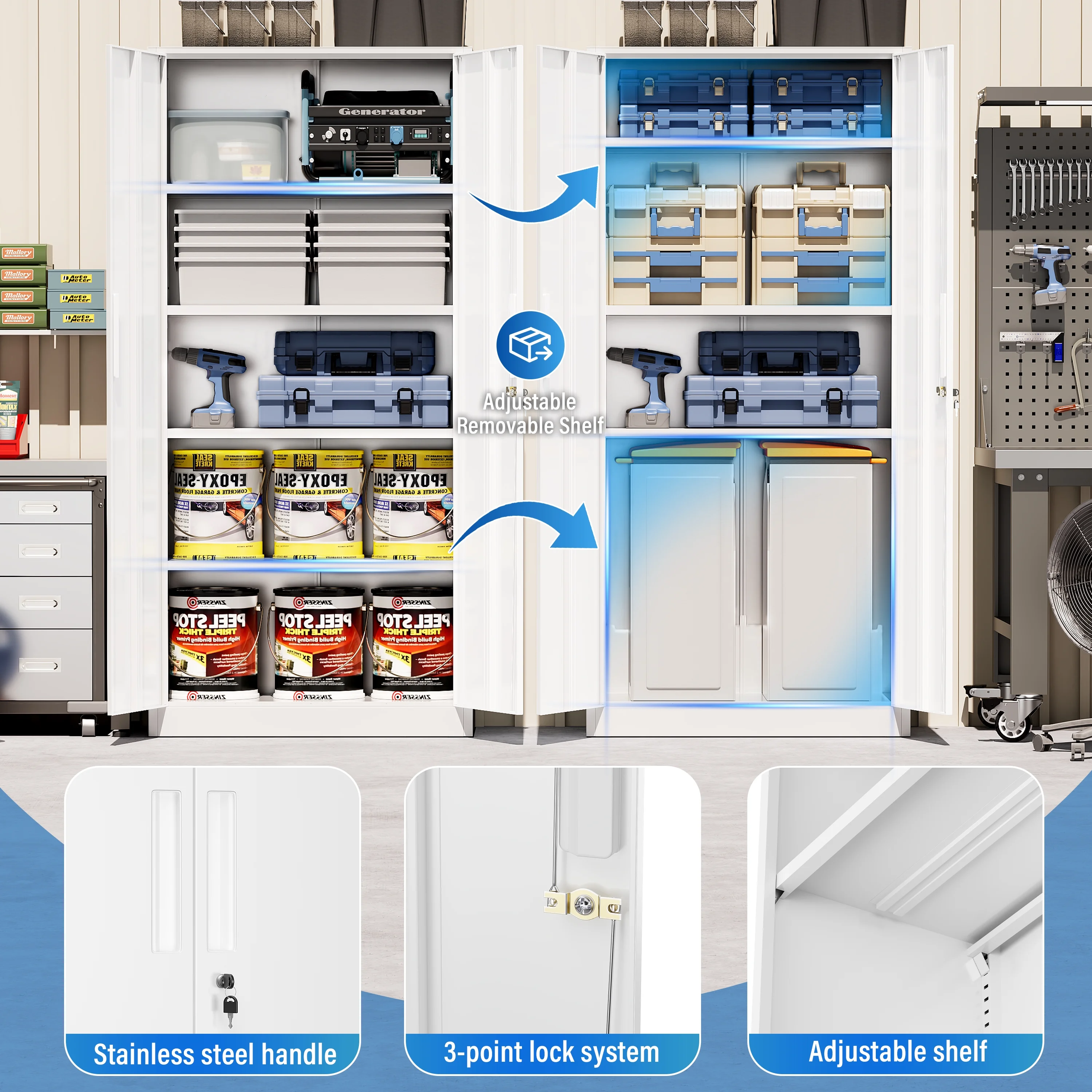 SUNCROWN 71 In Metal Storage Garage Cabinets with Locking Doors and Adjustable Shelves, Steel Storage Cabinet for Garage, Office, Classroom, Assemble Required(White) - Image 5
