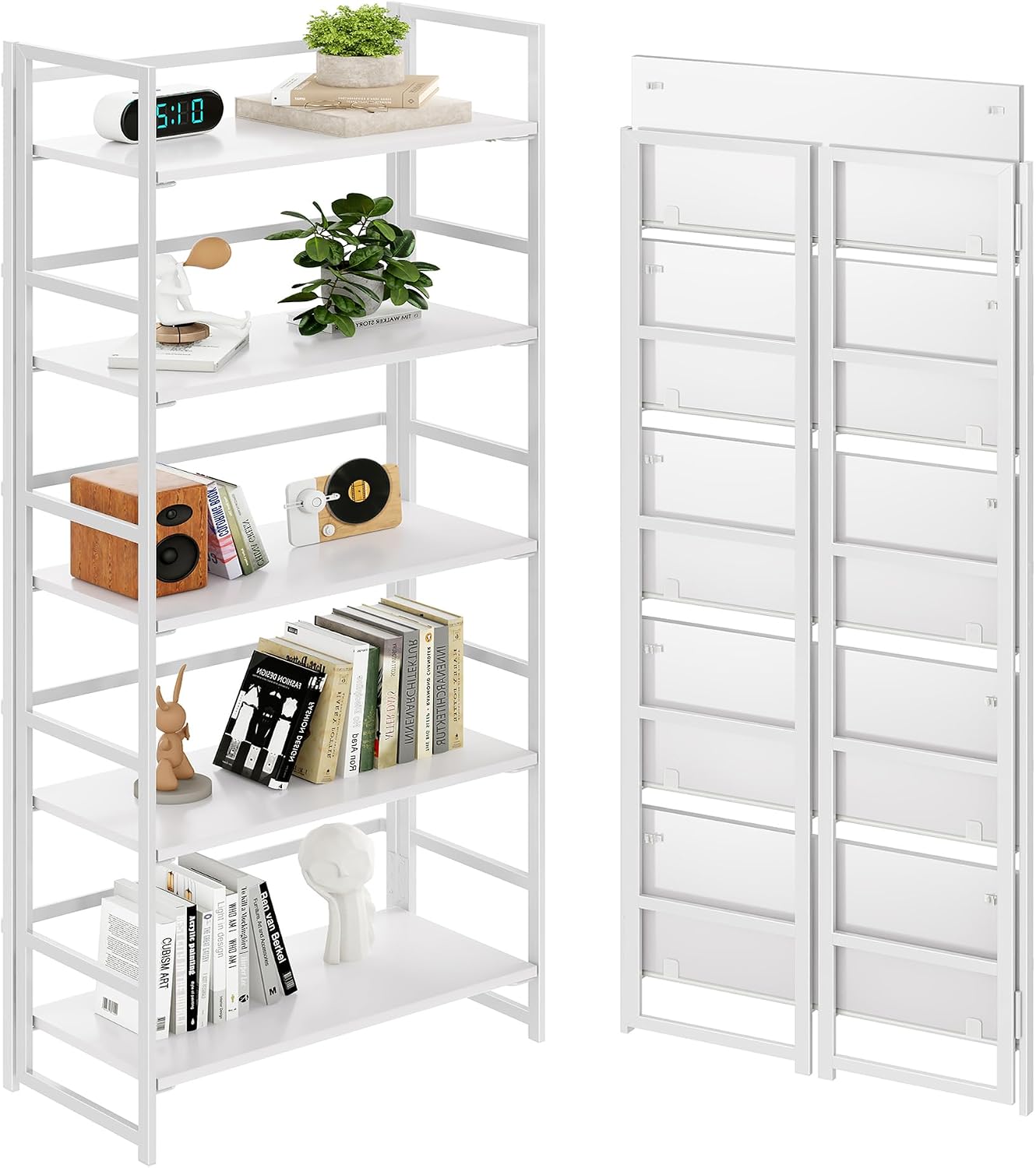 Vintage Multifunctional Folding Bookshelf, No-Assembly Plant Stand Storage Rack Shelves for Home Office (White, 5-Tier) - Image 19