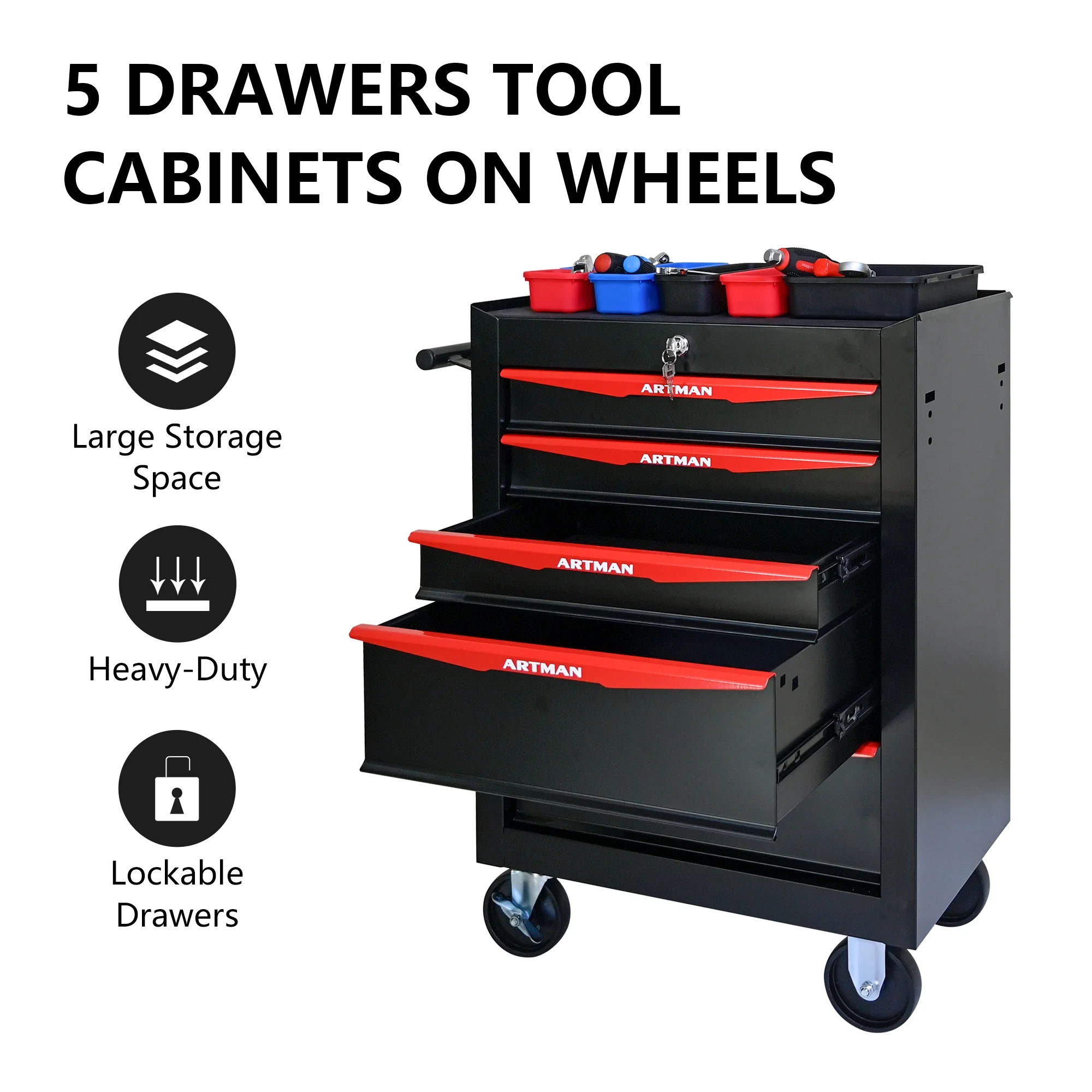 ARTMAN 20" 5-Drawer Rolling Metal Tool Chest Cabinet,Steel Tool Storage Box Organizer for Garage Workshop Warehouse - Image 13