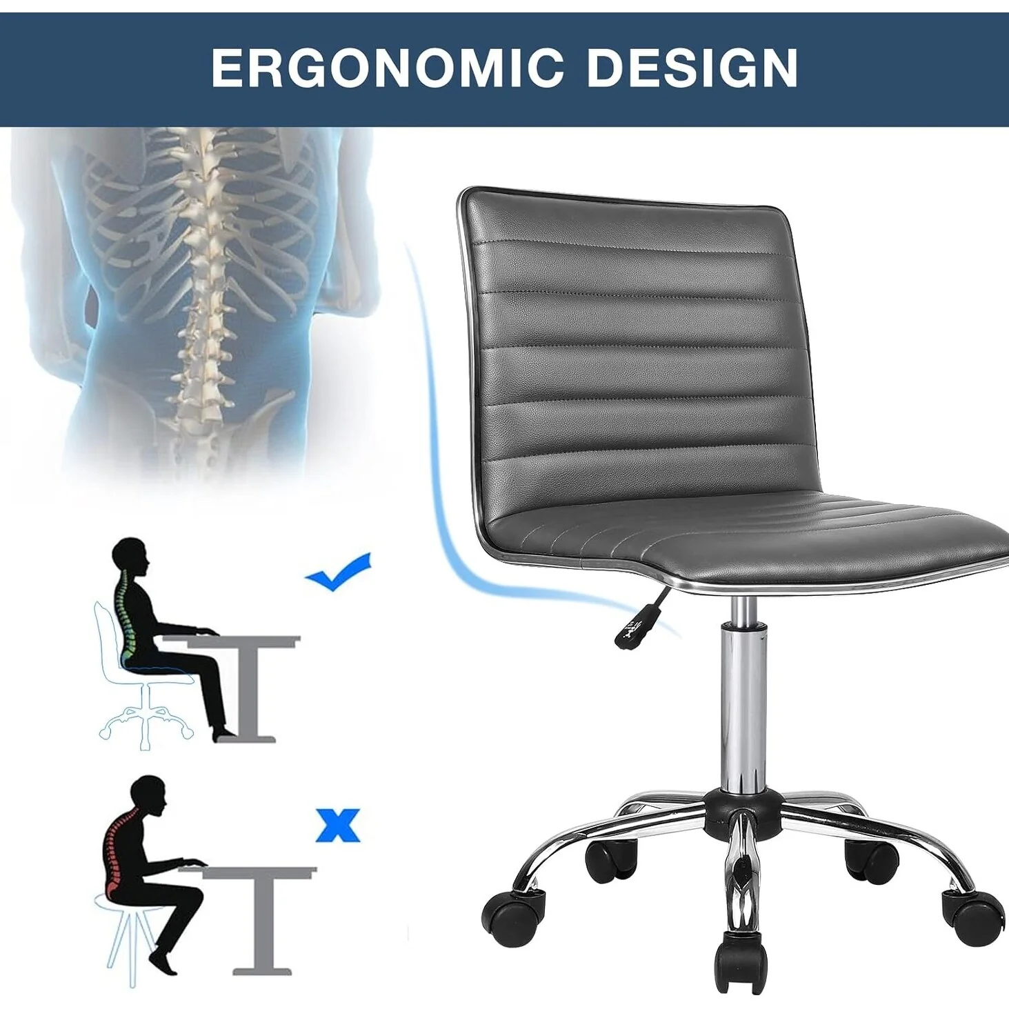 Adjustable Mid-Back Armless Swivel Office Chair, Ribbed Task and Vanity Chair for Small Spaces - Image 10
