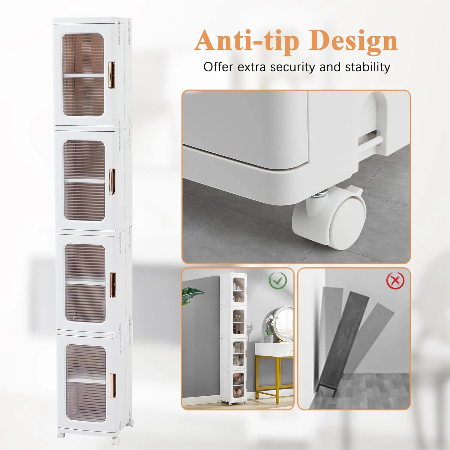 4-Tier Tall Narrow Plastic Storage Cabinet, Slim Vertical Organizer for Bathroom, Bedroom and Home Storage - Image 5