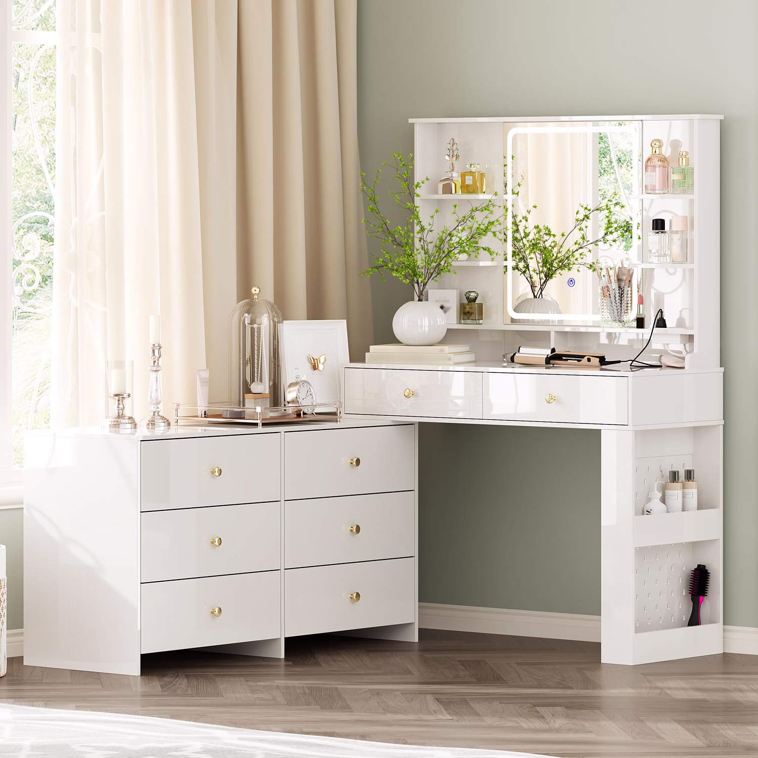 Makeup Vanity Desk with Mirror and Lights, Vanity Desk with 8 Drawers & Storage Shelves, Vanity Table with Power Outlet, 3 Color Modes & Adjustable Brightness Dressing Table, Bedroom, White