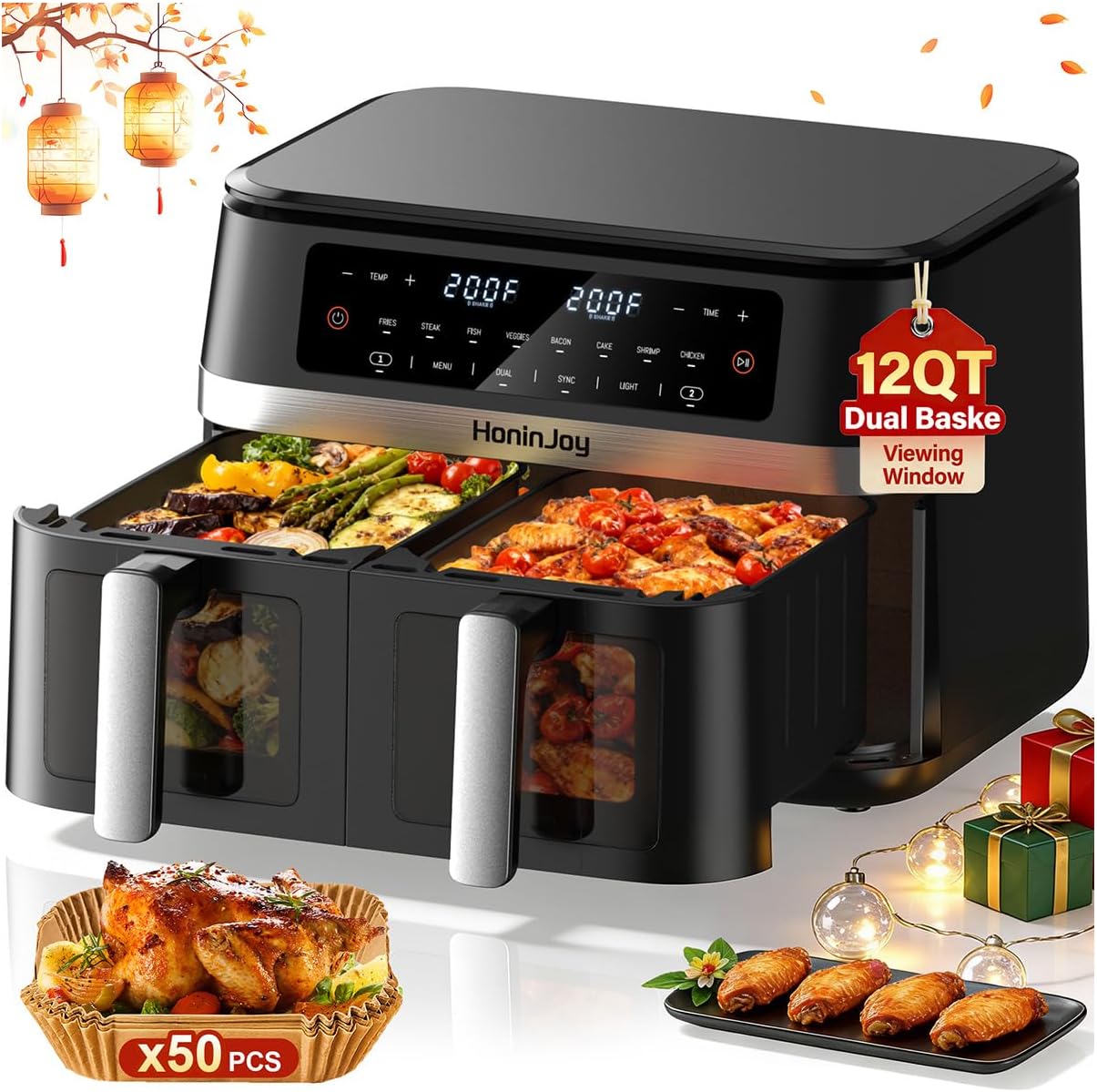 12QT 12-in-1 Dual Air Fryer with Flex Basket & 50PCS Paper Liners