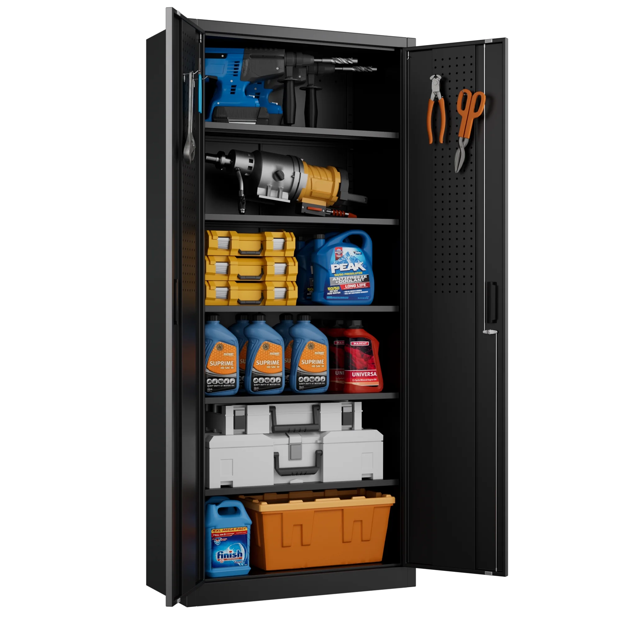 GangMei 71 Inches Tall Metal Garage Storage Cabinets with 5 Adjustable Shelves & Pegboards, Lockable Steel Black Storage Cabinet with Doors for Office, Home, School, Shops, Garage, Assembly required - Image 2