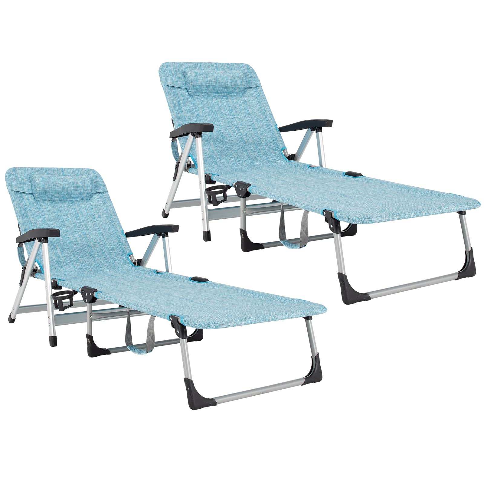 Folding Outdoor Chaise Lounge Chair with Cup Holder and Detachable Headrest - Image 6