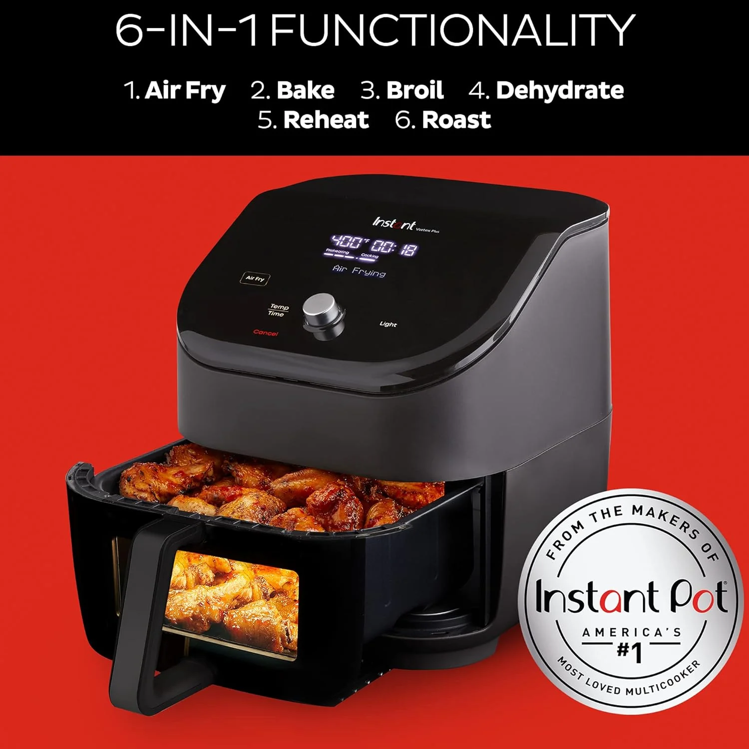 6QT Air Fryer, Clear Windows, Custom Program Options, 6-in-1 Functions, Crisps, Broils, Roasts, Dehydrates, Bakes, Reheats, from the, Black - Image 3