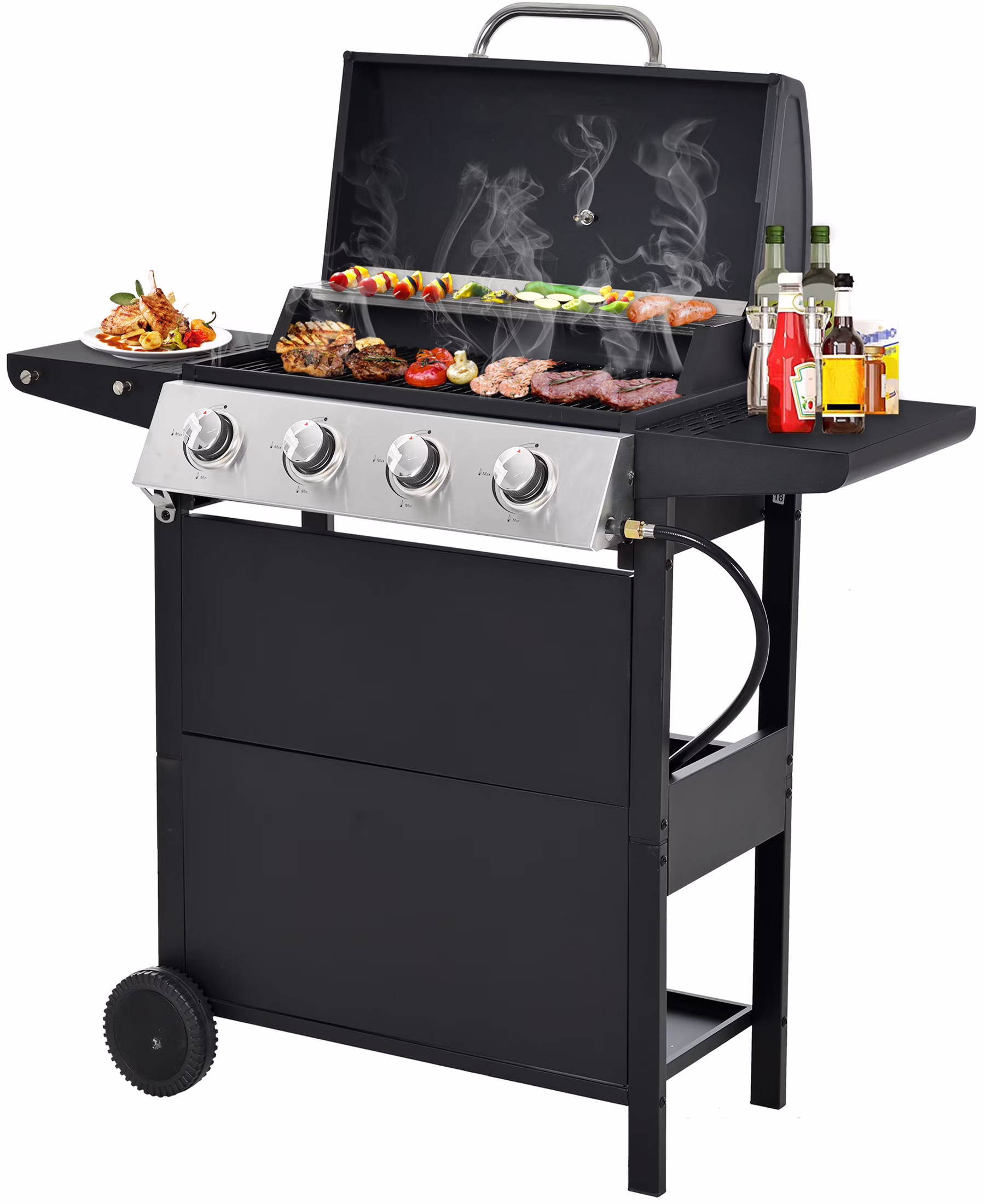 Segmart 3 Burner BBQ Propane Gas Grill, Stainless Steel 30,000 BTU Patio Garden Barbecue Grill with Folding Side Tables, Hanging Basket & Thermometer, Perfect for Camping, Outdoor Cooking - Image 3