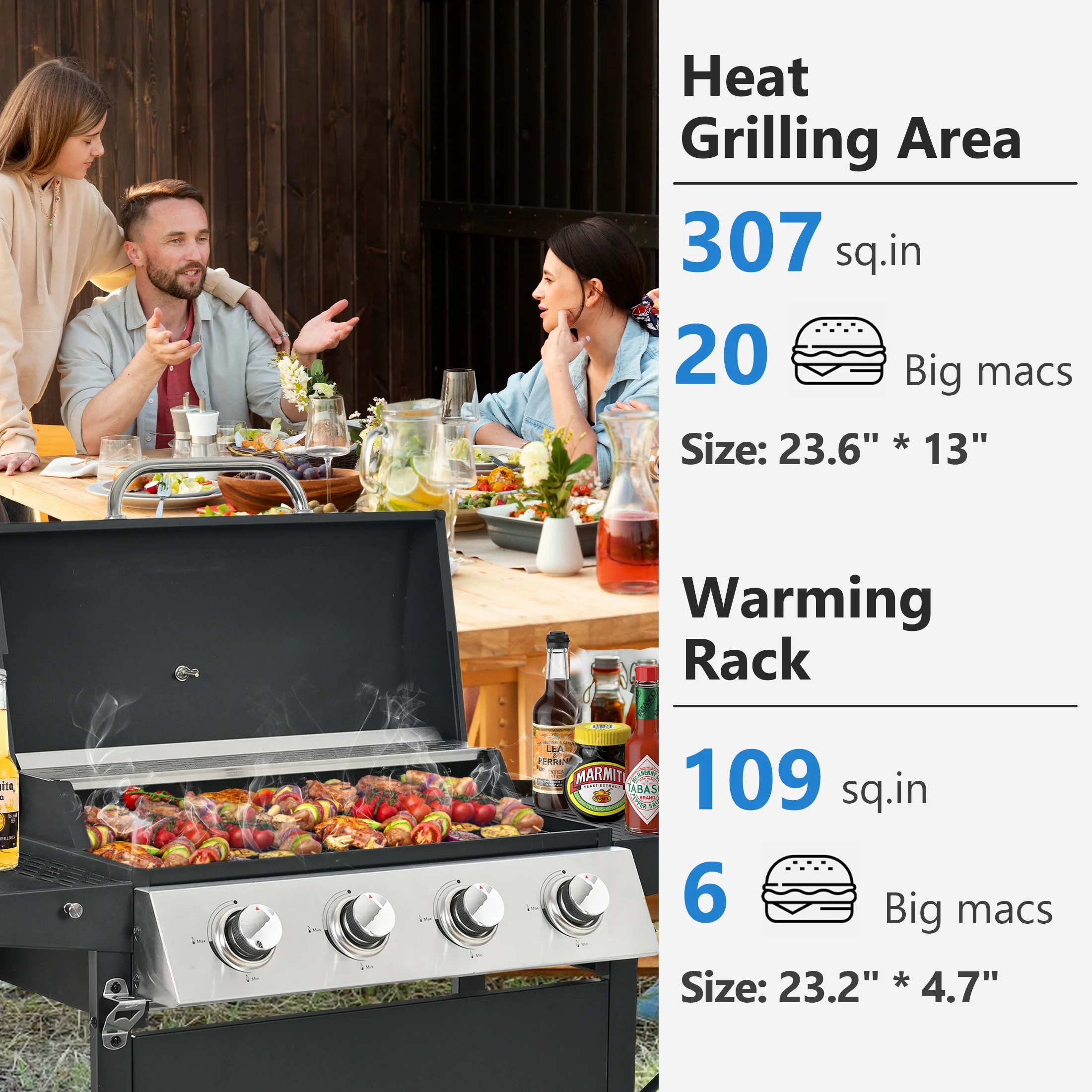 Segmart 3 Burner BBQ Propane Gas Grill, Stainless Steel 30,000 BTU Patio Garden Barbecue Grill with Folding Side Tables, Hanging Basket & Thermometer, Perfect for Camping, Outdoor Cooking - Image 13