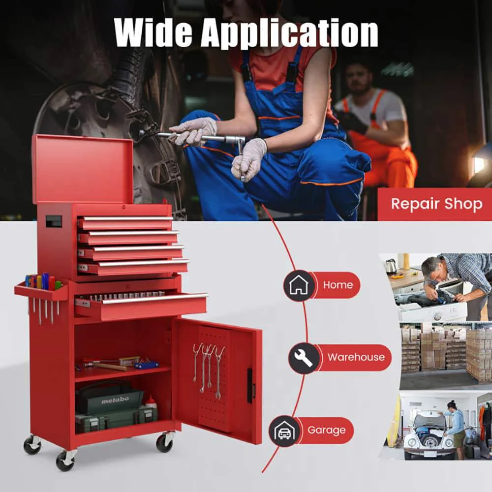 Demifill 2-in-1 Tool Chest and Cabinet with 5 Sliding Drawers, Large Storage Space and Detachable Design, Red - Image 12
