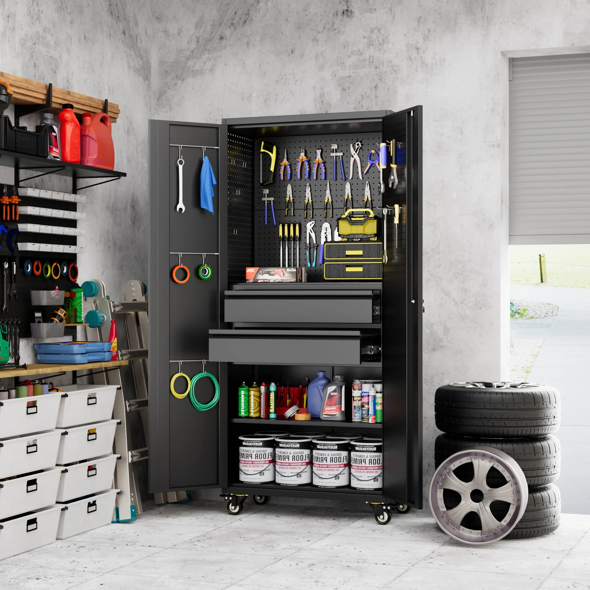 Aobabo Metal Storage Cabinet with Lock,Garage Storage Cabinet with Wheels,72In Steel Storage Cabinet for Garage Home Storage, Black Required-Assembly - Image 187