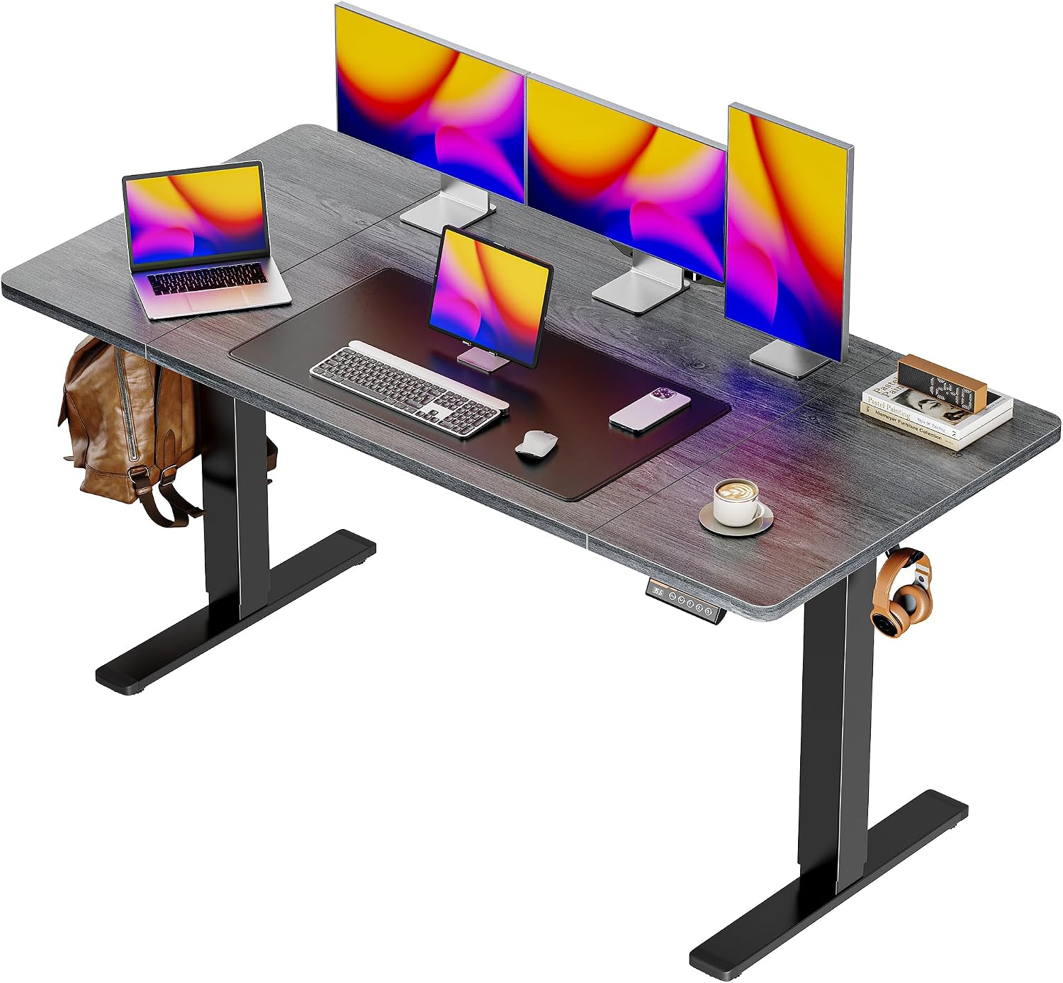 55 x 28 Large Electric Standing Desk, Height Adjustable Computer Desk, 27.6" Deep Desktop, Stand up Gaming Office Desk with 2 Hooks, 3 Preset Heights, for Home Office, Rustic Brown - Image 5